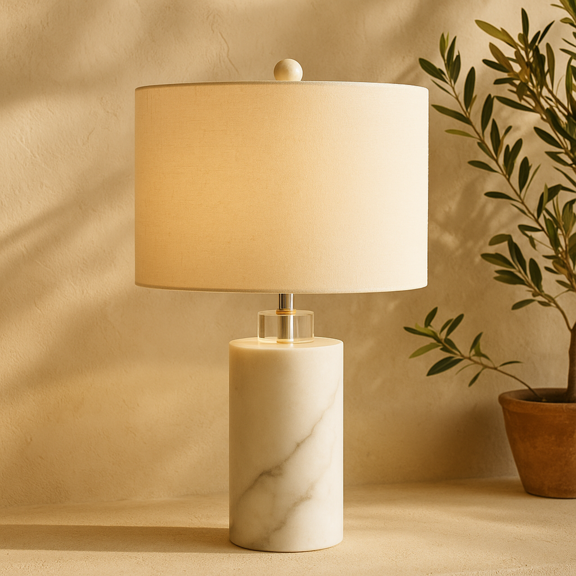 Marble Thick Stand Room Table Lamp with Drum Shade