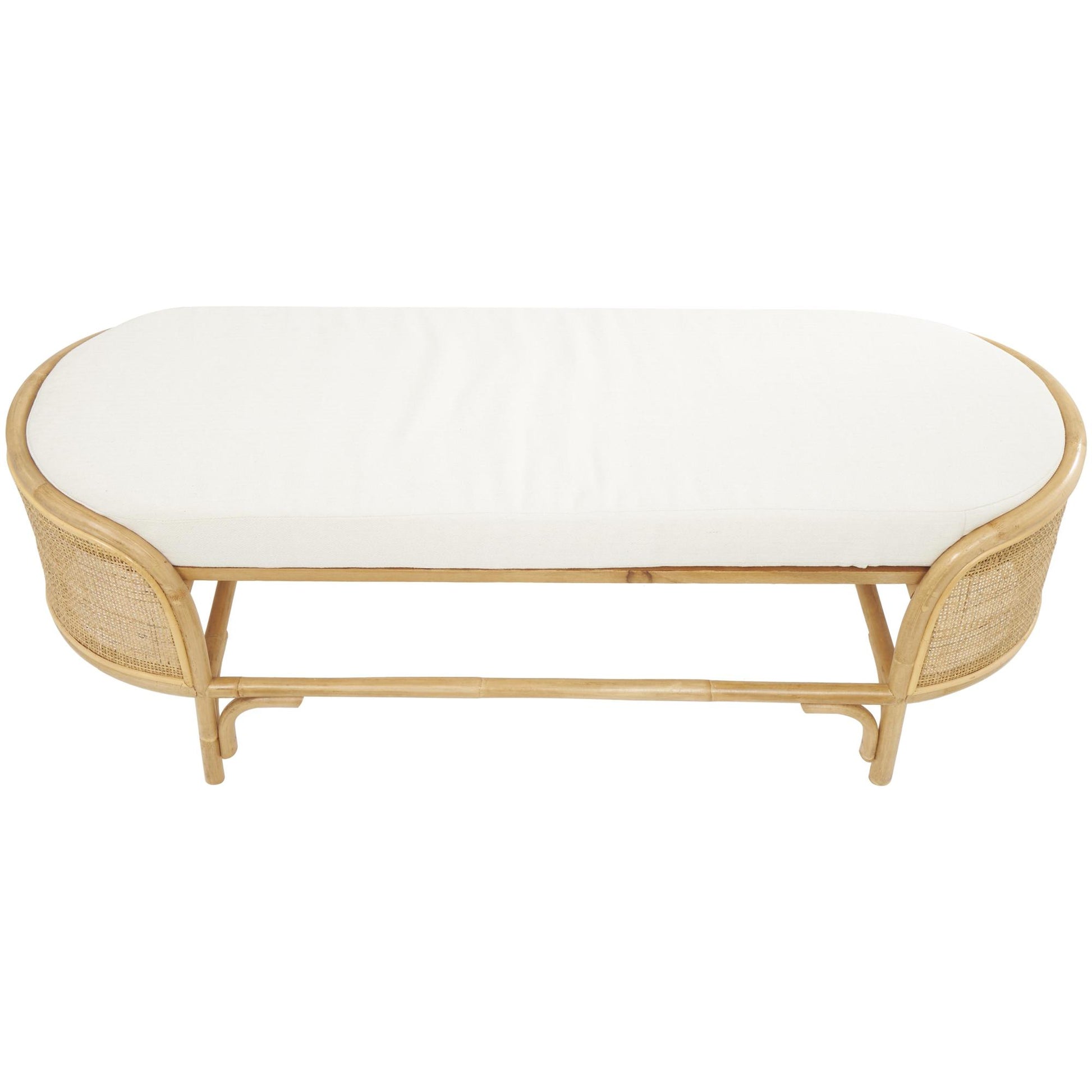 Brown Rattan Handmade Oval Home Bench with White Fabric Cushion