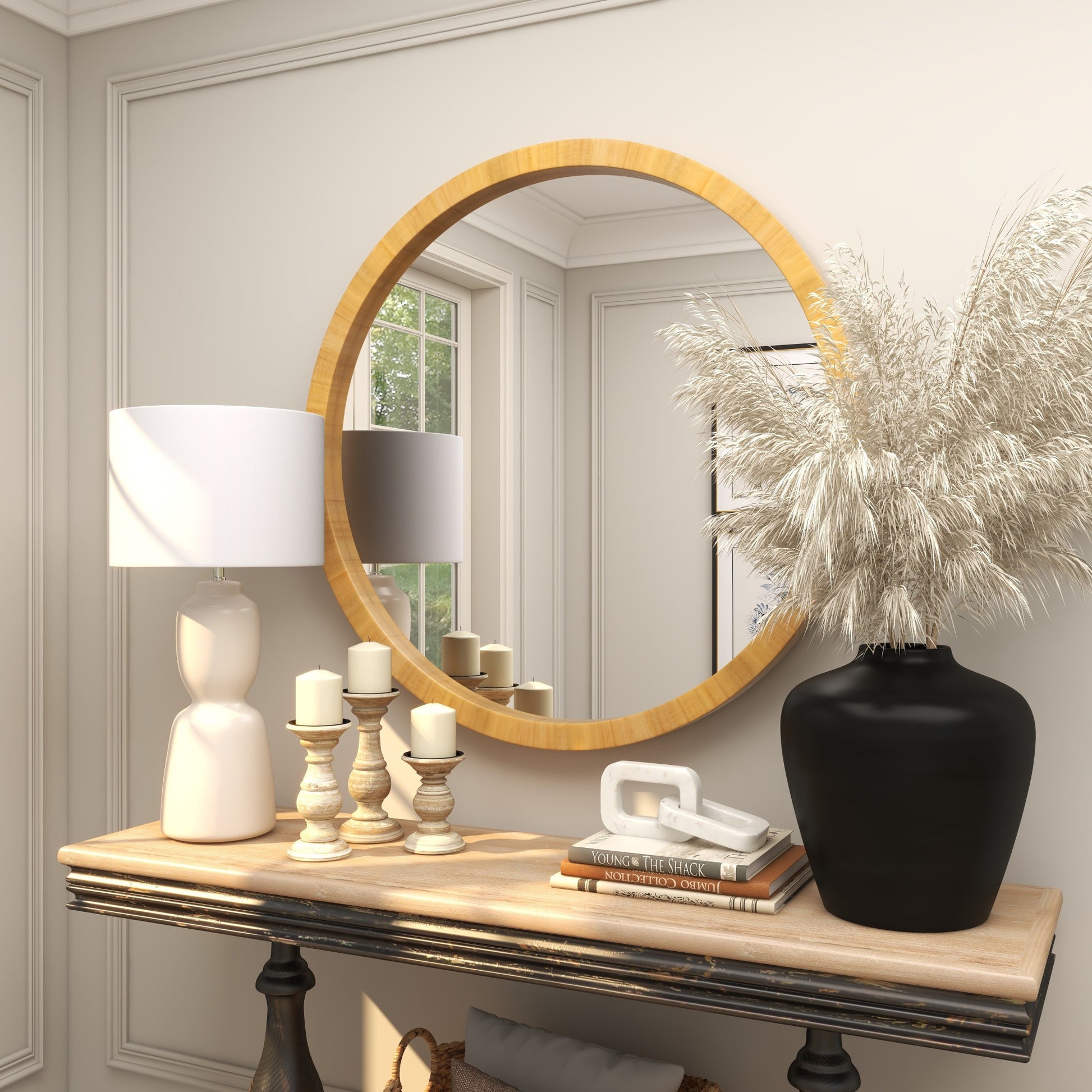 Brown Wood Room Wall Mirror with Natural Wood Grains