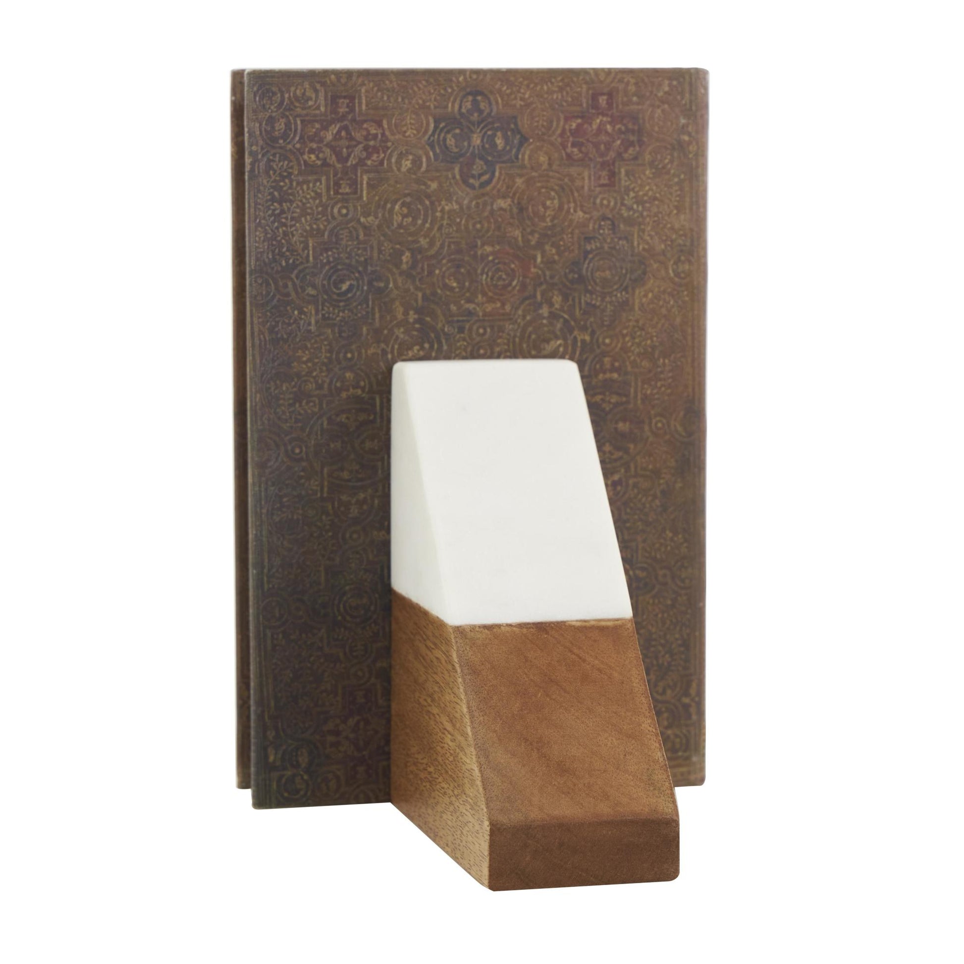 Set of 2 Geometric Brown Mango Wood Triangle 3 lbs Decorative Bookends with White Marble Tops
