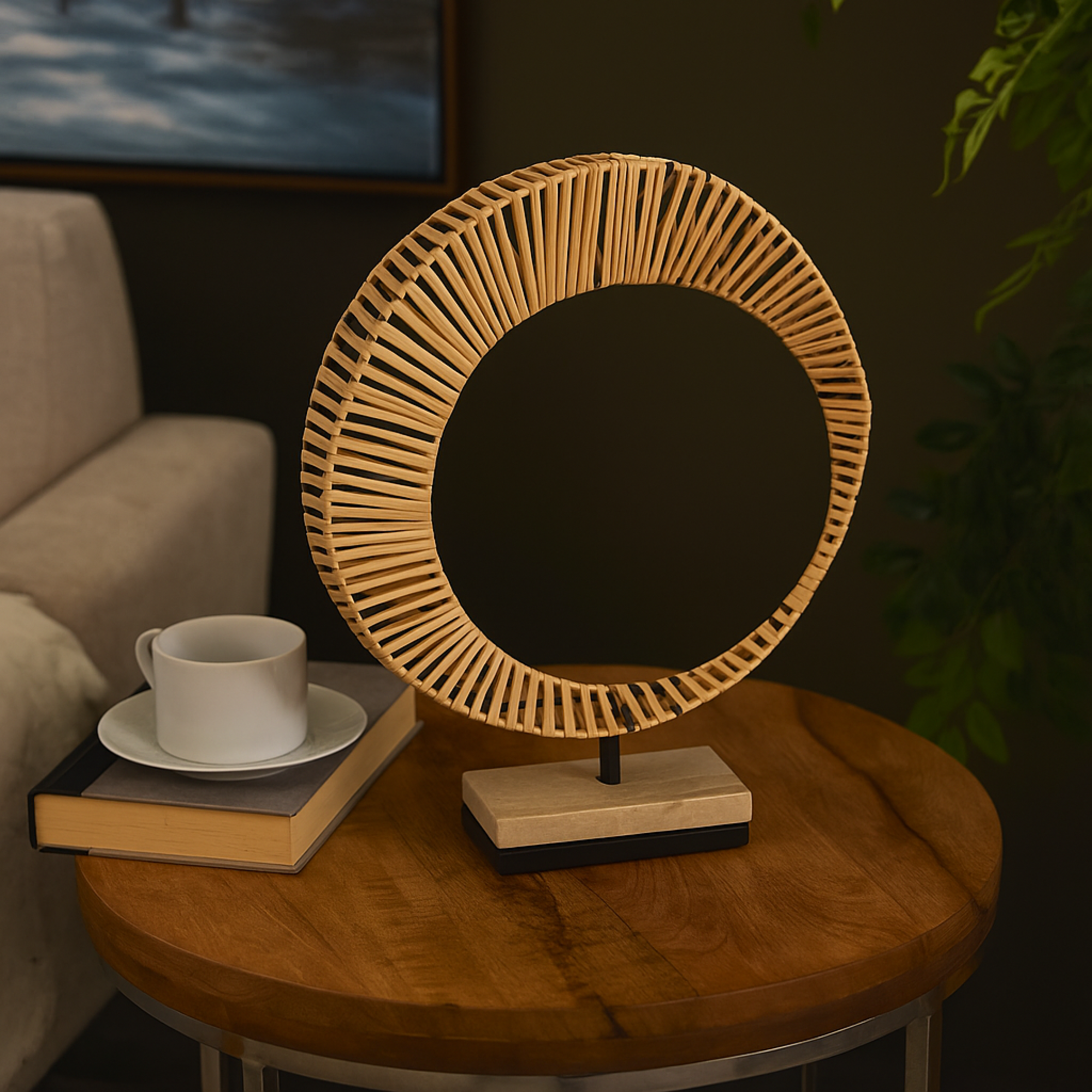 Abstract Brown Rattan Handmade Mobius Strip Inspired Decorative Sculpture with White Marble Base