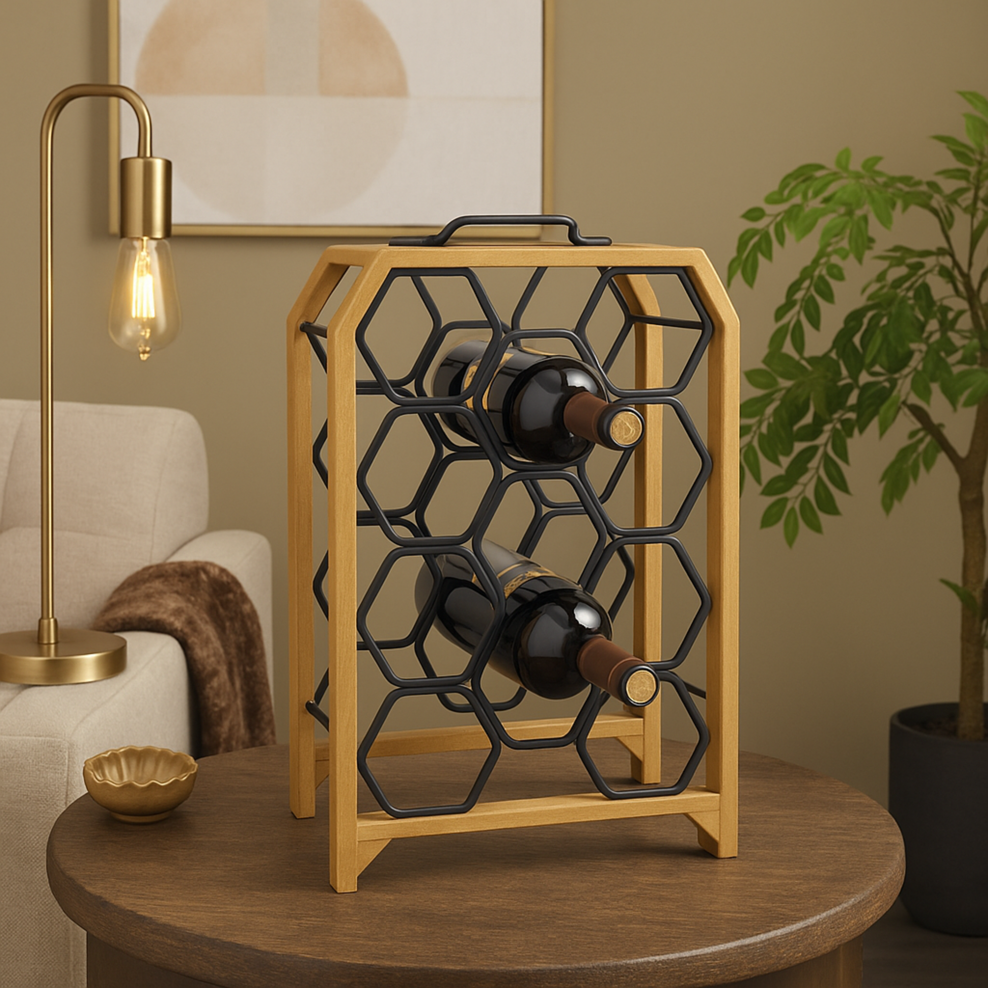 Brown Wood Tall Wine Rack with Gray Metal Curved Teardrop Holders