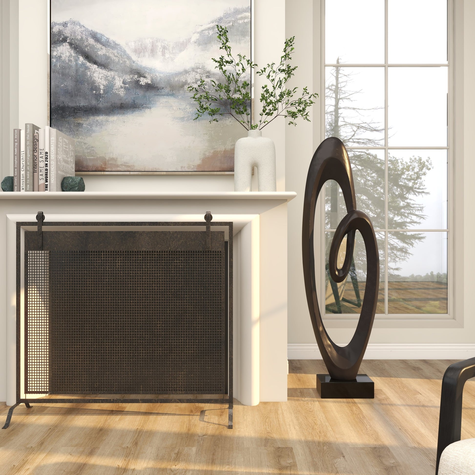 Abstract Aluminum Metal Tall Floor Loop Decorative Sculpture with Black Marble Base 16" x 5" x 52"