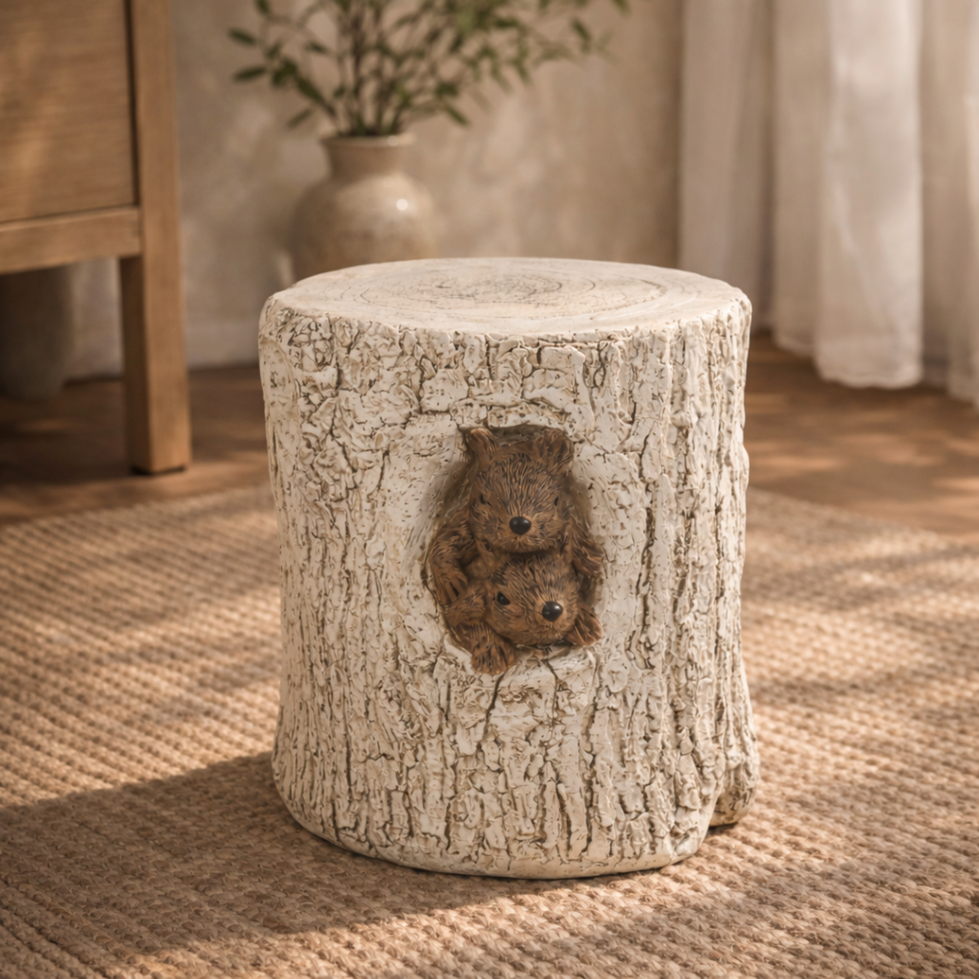 Squirrel White Magnesium Oxide Tree Trunk Decorative Garden Stool with Brown Accents