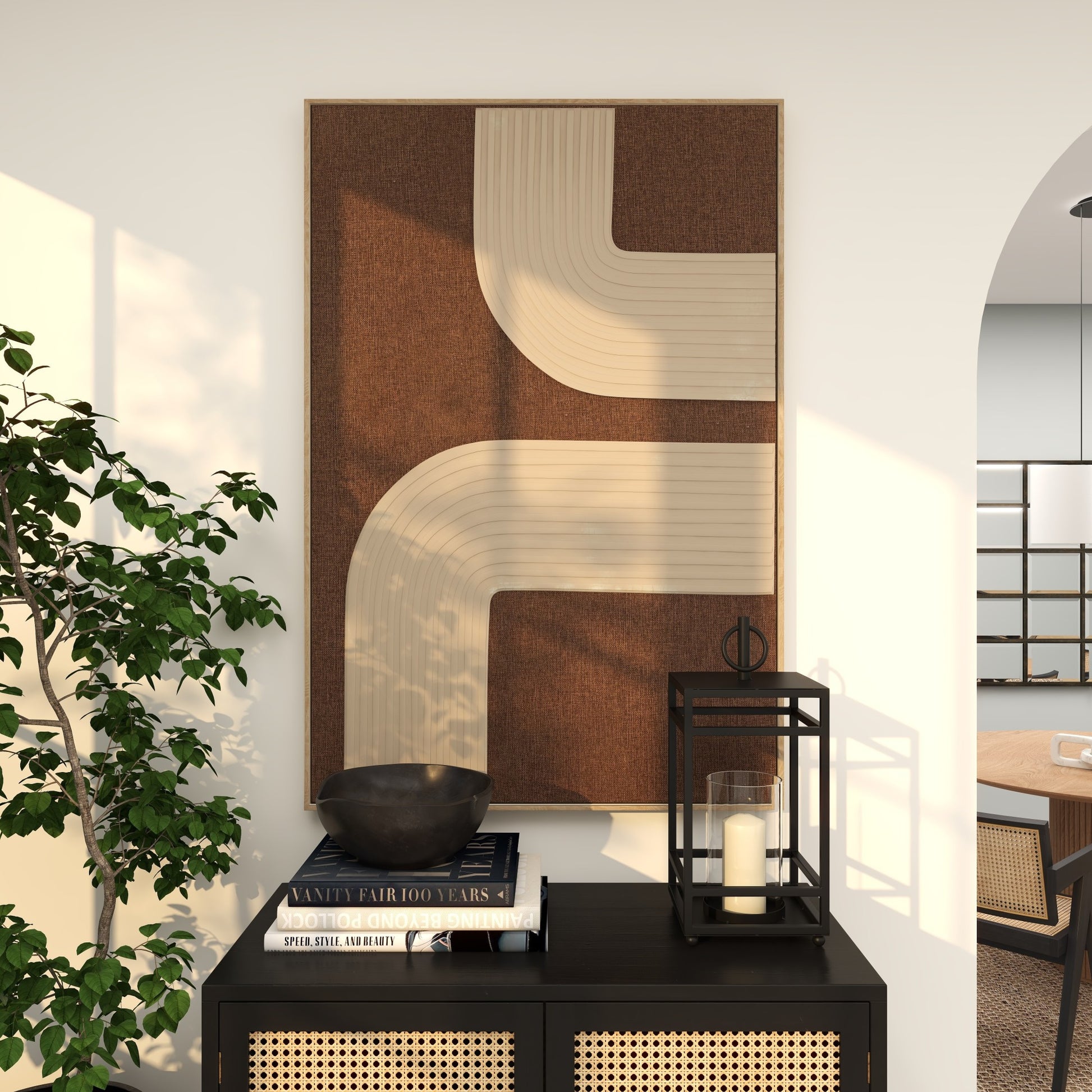 Abstract Brown Polyester Living Room Framed Wall Art with Tan Ribbed Arches