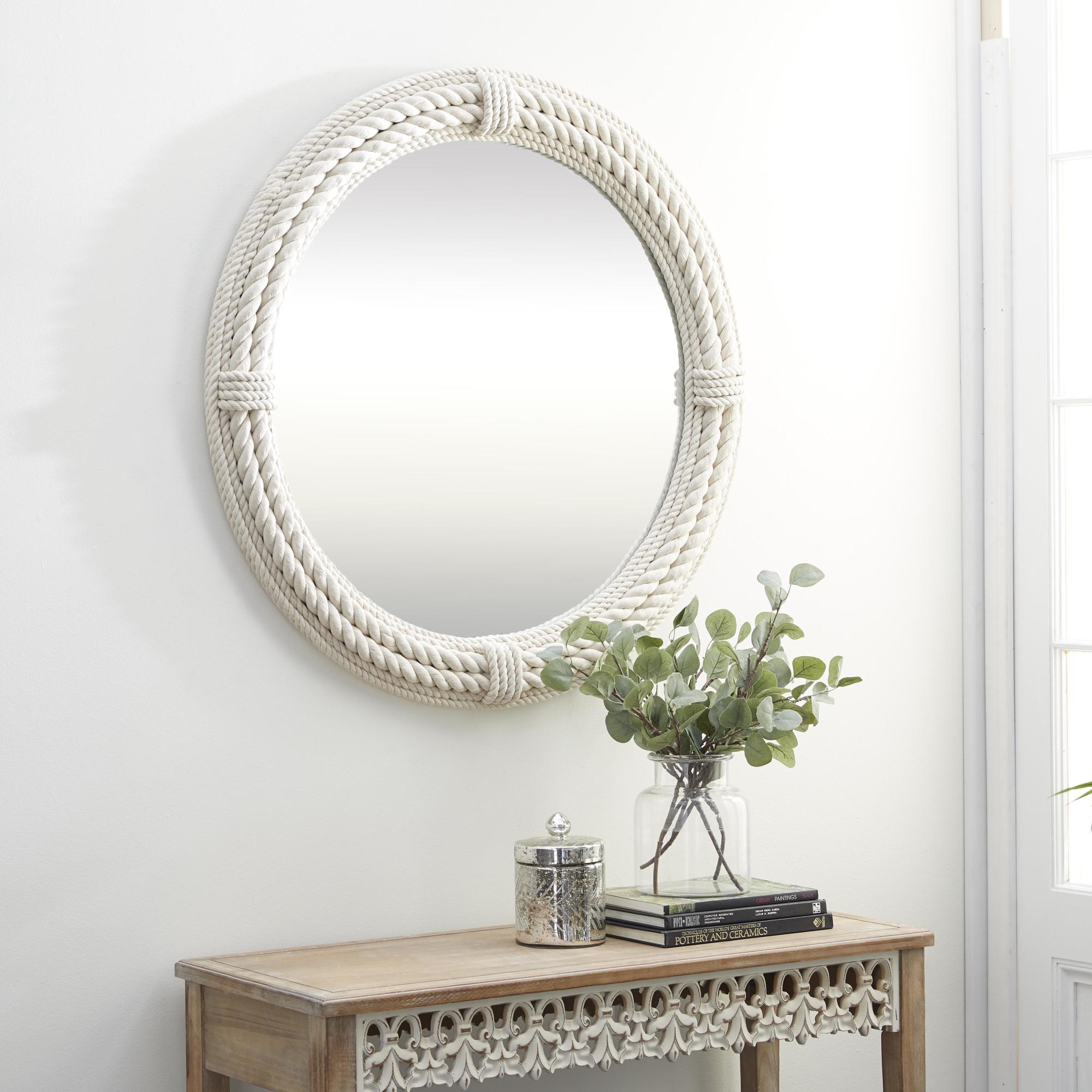 White Wooden Coiled Rope Room Wall Mirror with Wrapped Rope Accents