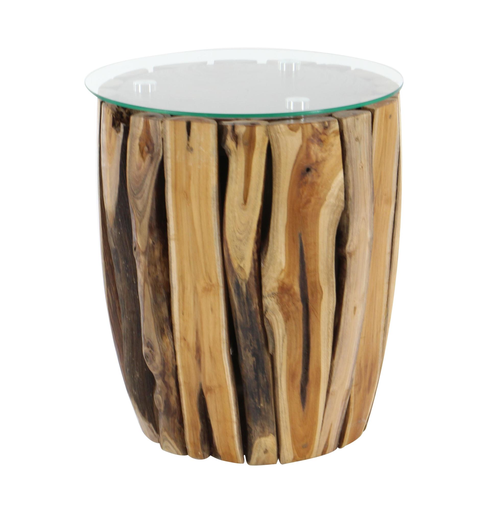 Brown Teak Wood Handmade Live Edge Tree Branch Side End Accent Table with Clear Glass Top