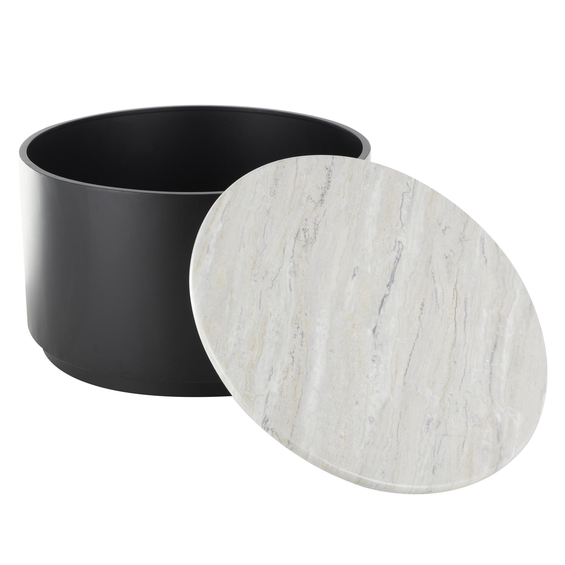 Black Metal Pedestal Coffee Table with Faux White Marble Top