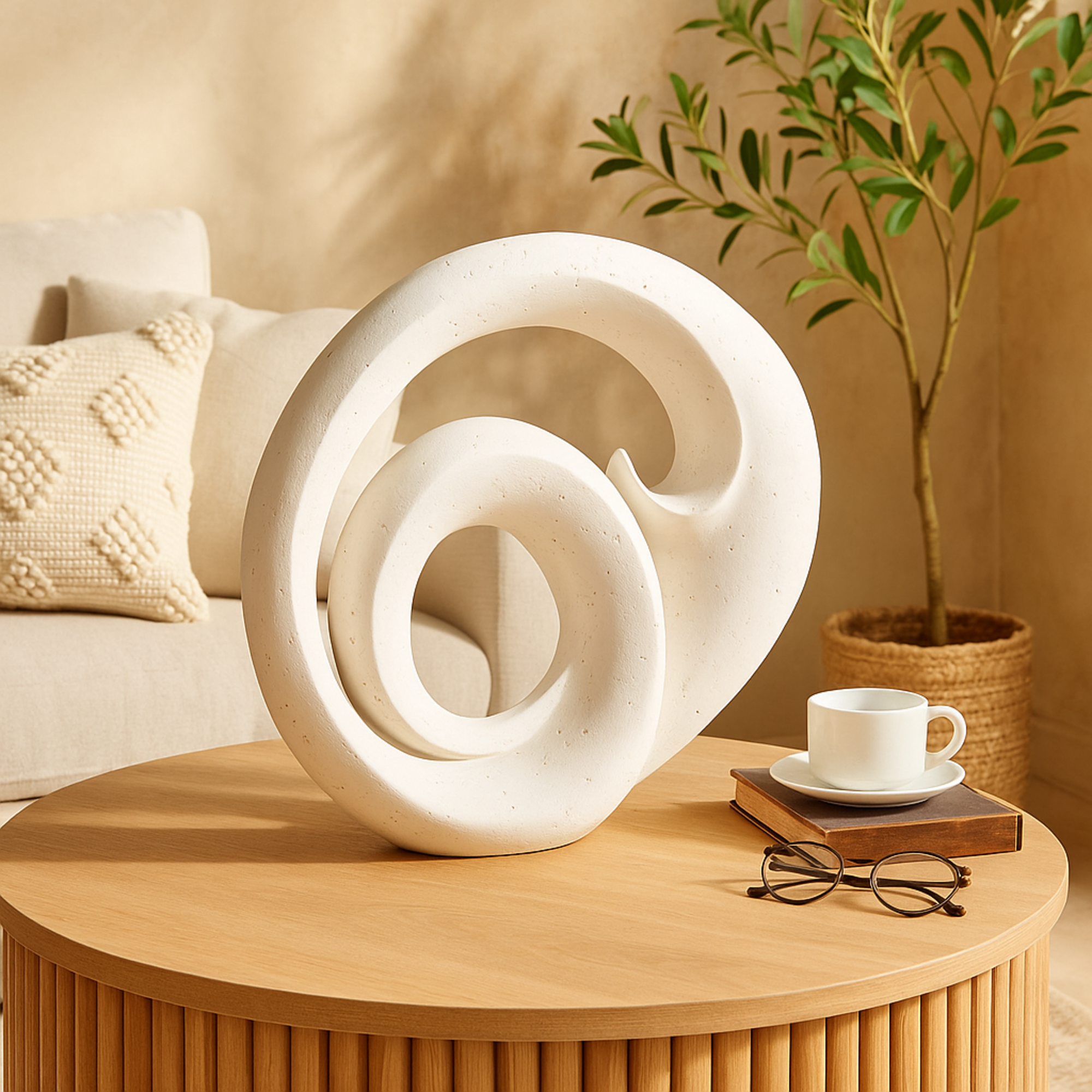Abstract White Polystone Wavy Shaped Decorative Sculpture with Cutouts and Speckled Texturing