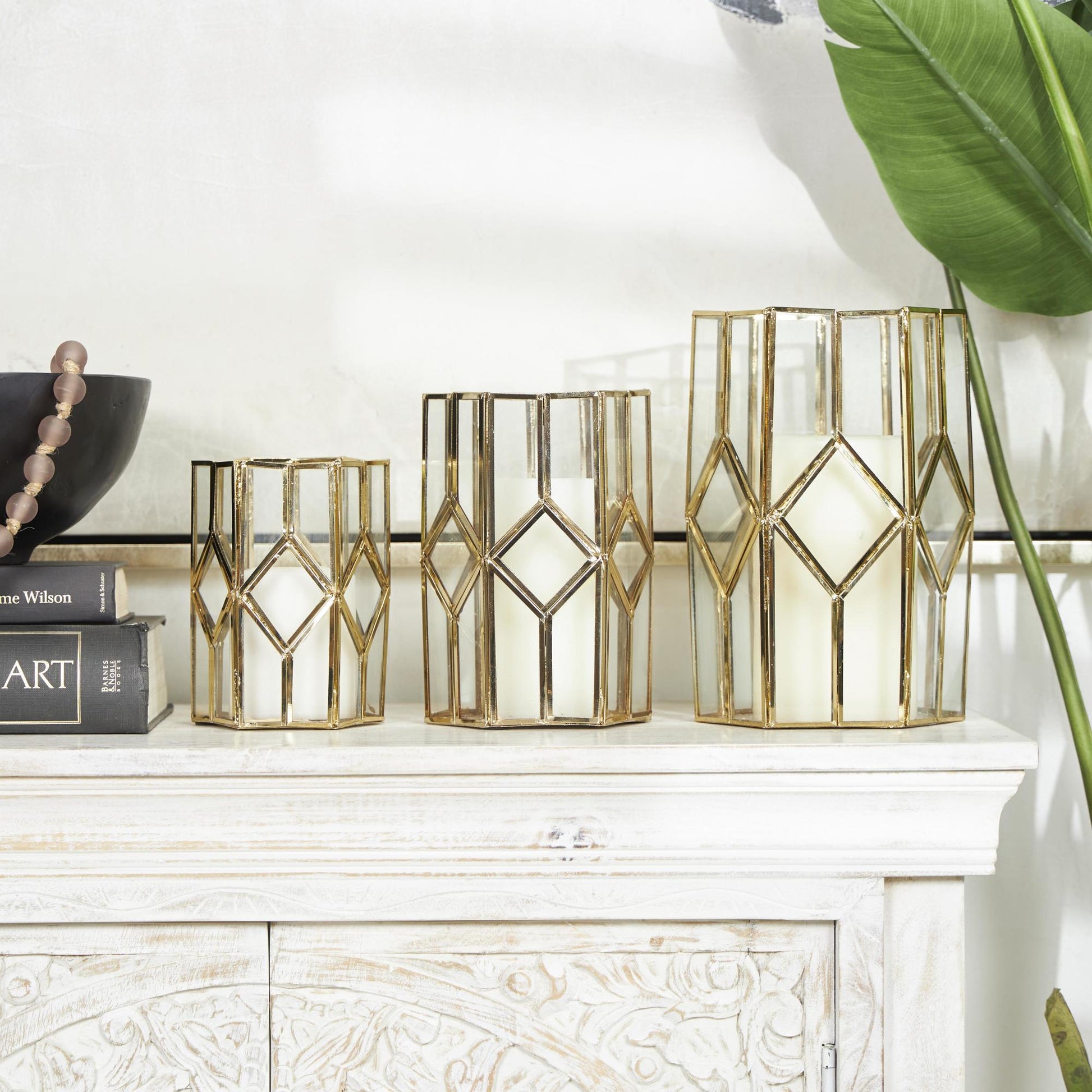 CosmoLiving by Cosmopolitan Set of 3 Geometric Gold Metal Diamond Patterned Hexagon Indoor Outdoor Candle Lantern with Clear Glass