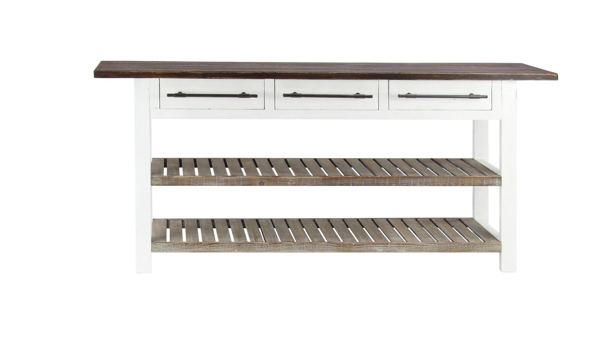 White Wood Kitchen Island Style 3 Drawer 2 Shelf Living Room Console Table with Brown Slatted Storage Shelves
