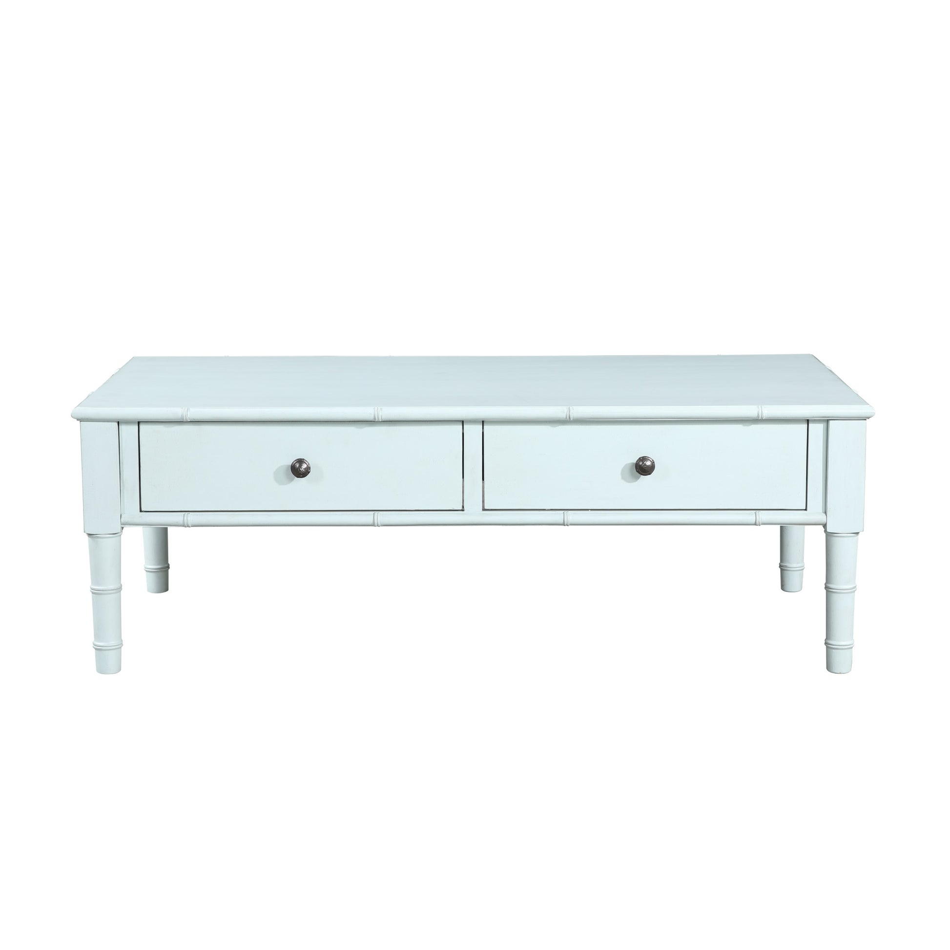 Light Blue Wood 2 Drawer Living Room Coffee Table with Bamboo Inspired Detailing and Bronze Knobs