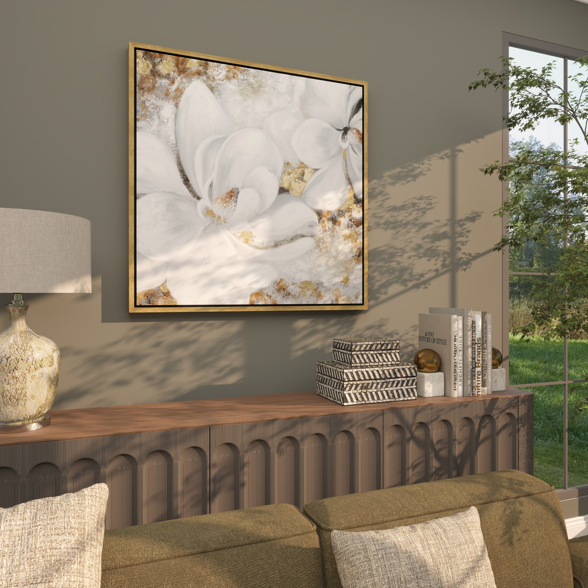 Floral White Canvas Living Room Framed Wall Art with Gold Foil Accents