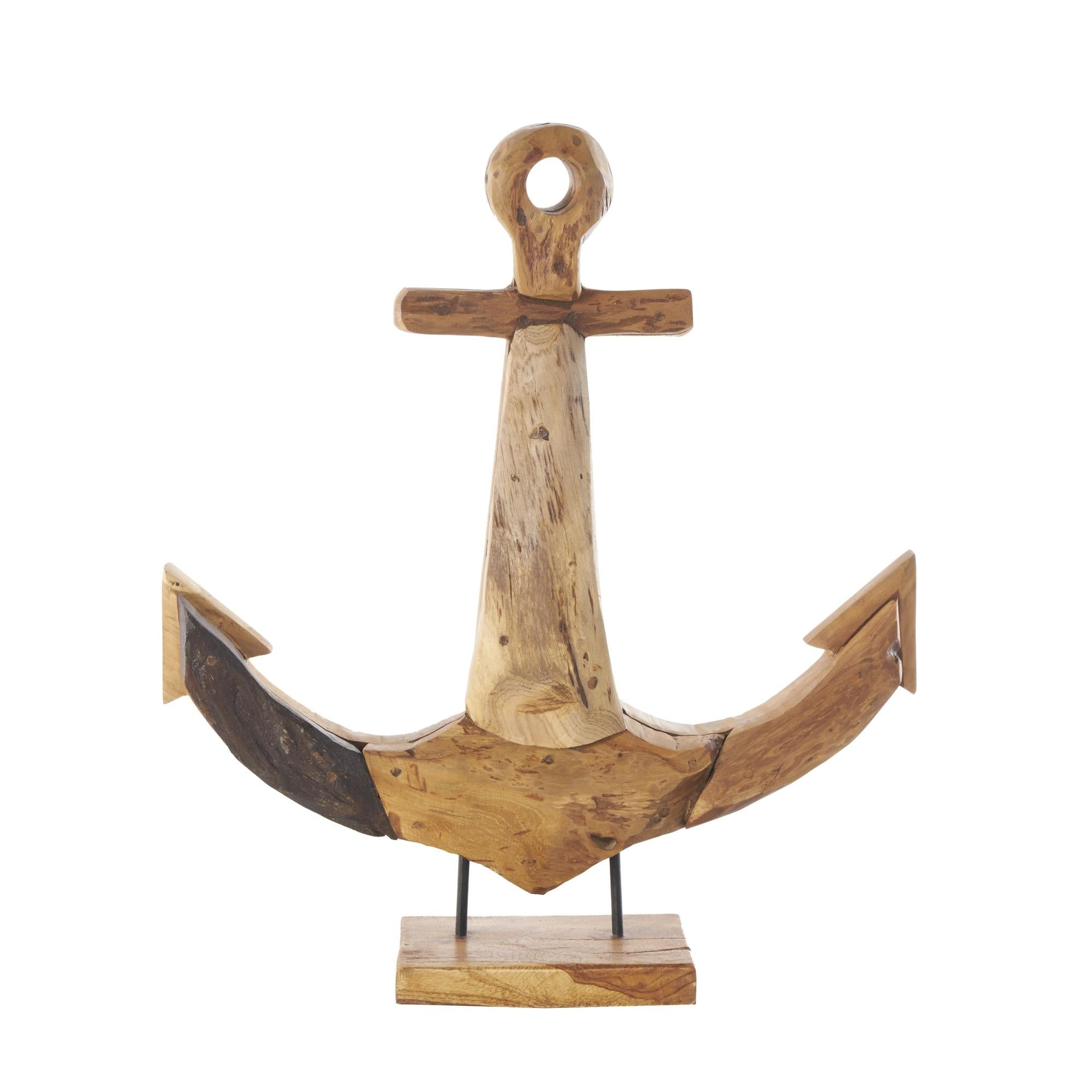 Anchor Brown Teak Wood Handmade Decorative Sculpture with Mosaic Live Edge Pieces
