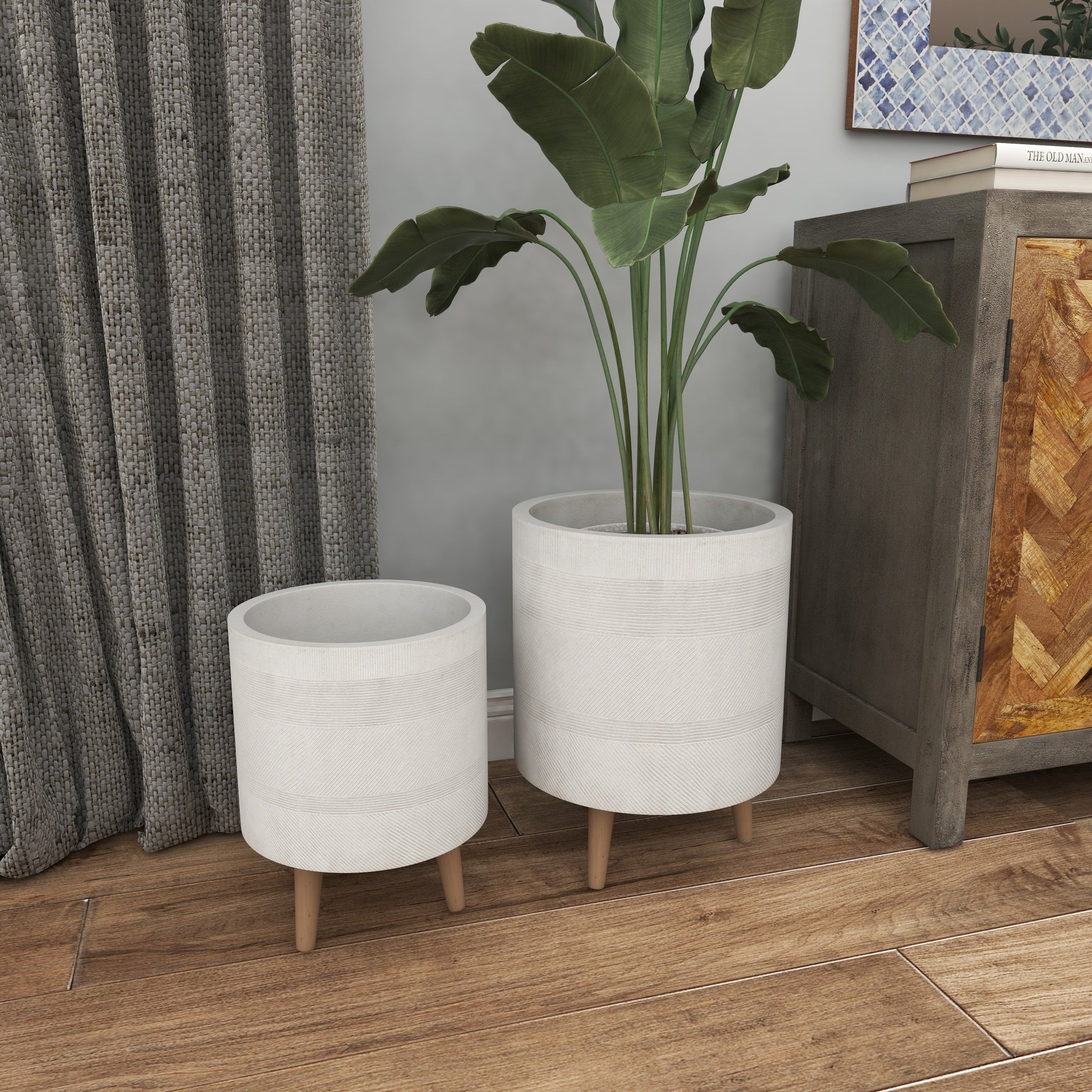Set of 2 Magnesium Oxide Indoor Outdoor Planter with Wood Tripod Legs