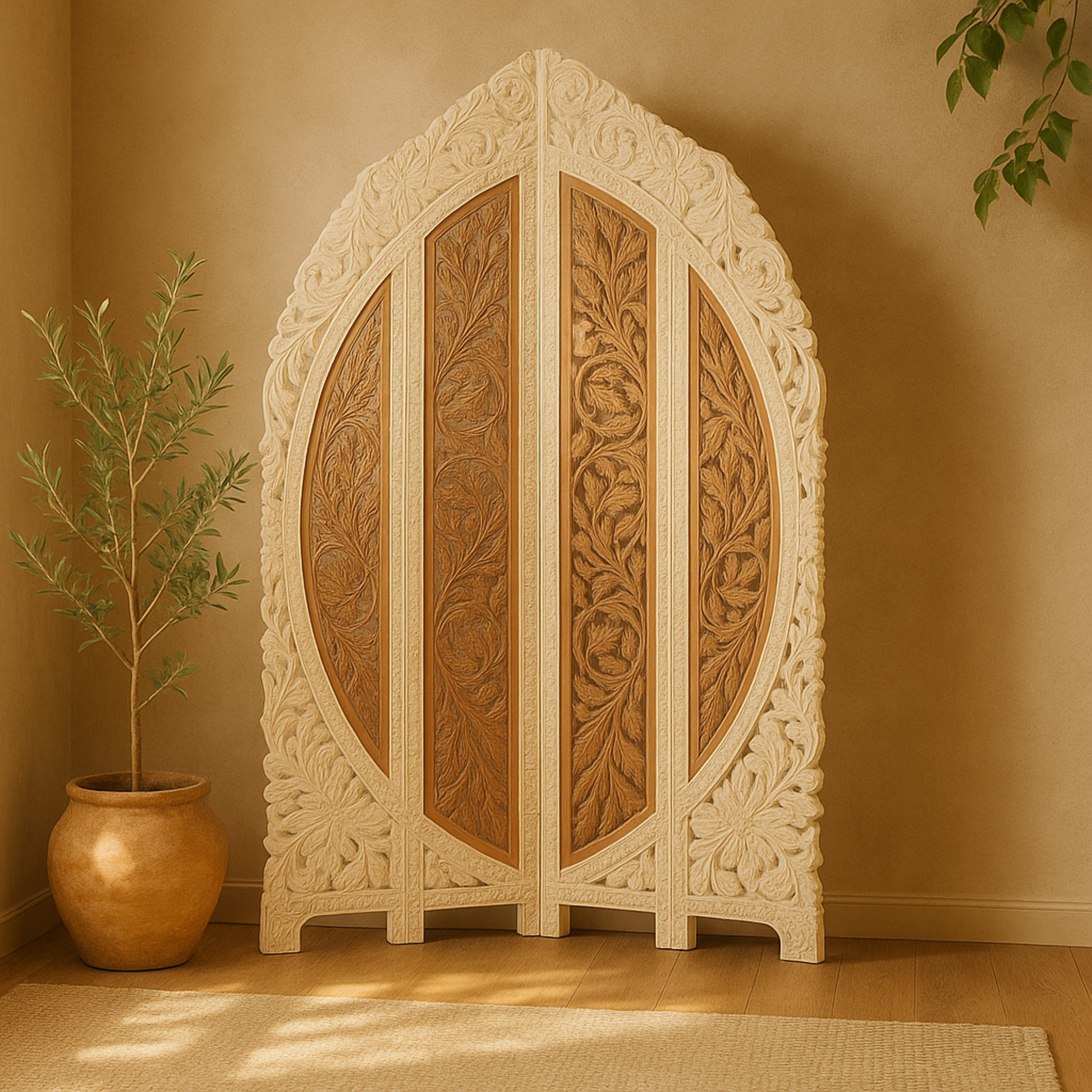 Floral Brown Mango Wood Handmade Foldable Partition 4 Panel Partition Room Divider Screen with Carved Designs