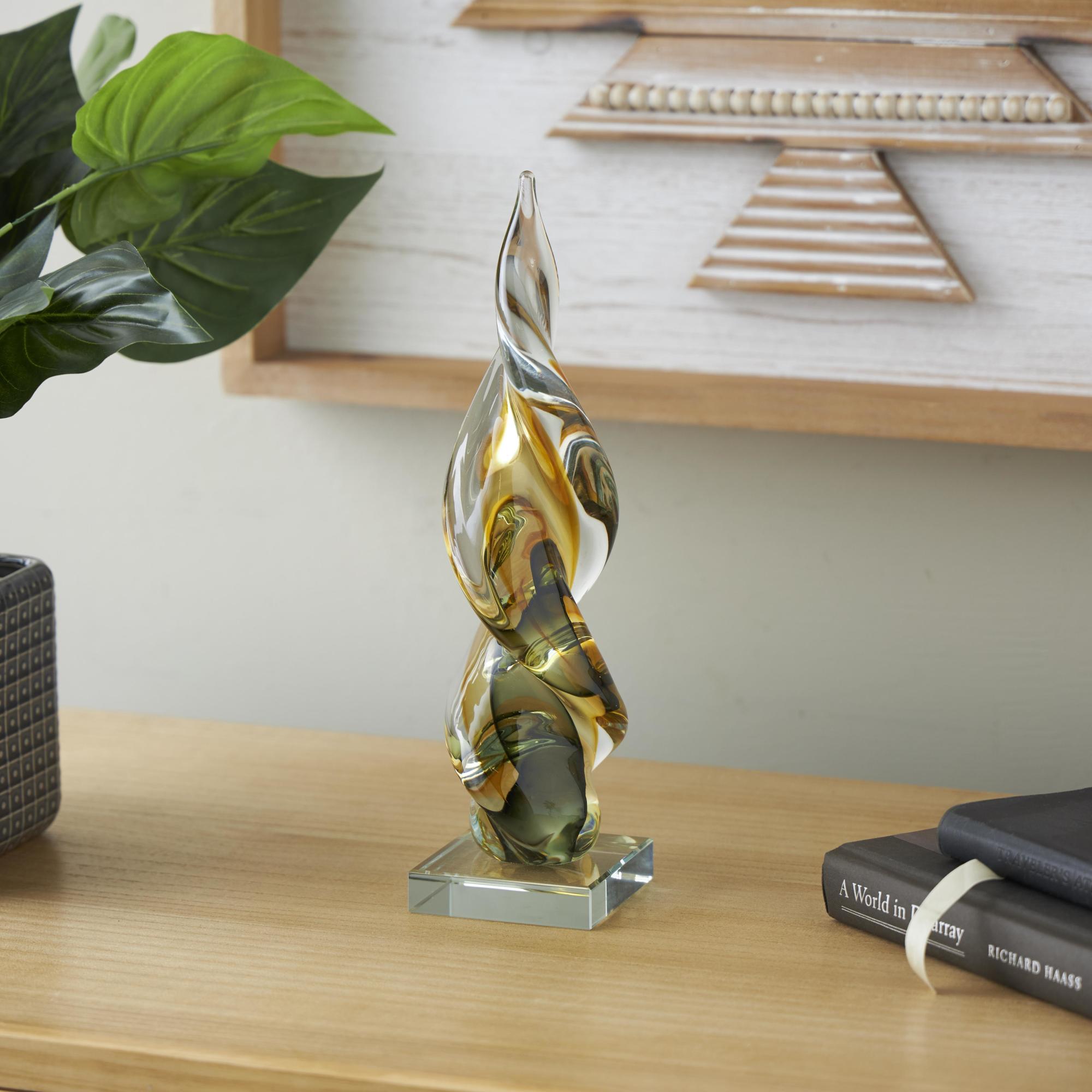Abstract Clear Glass Twisted Decorative Sculpture with Green Accents