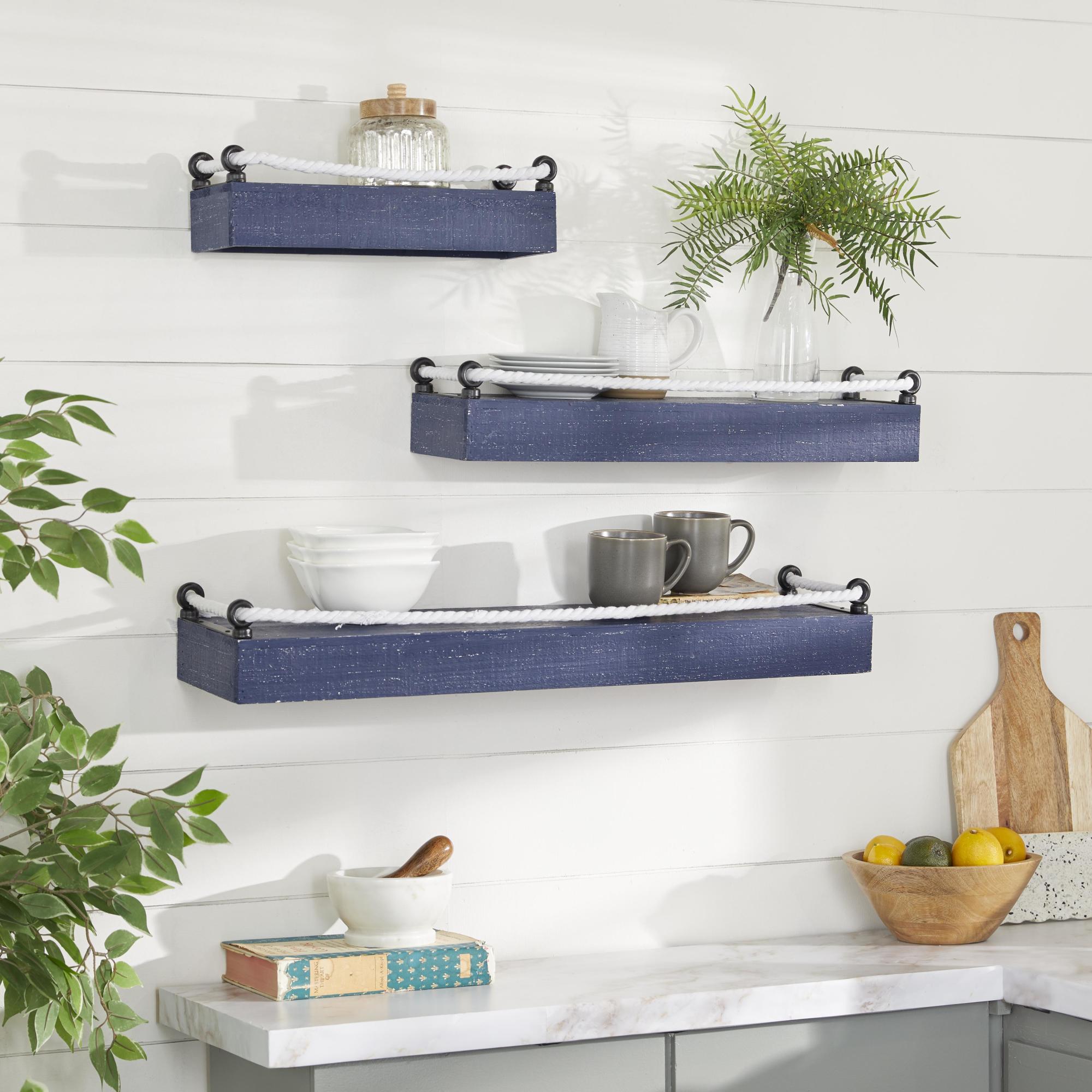 Set of 3 Blue Wood 3 Shelves Room Wall Shelf with Knotted Rope