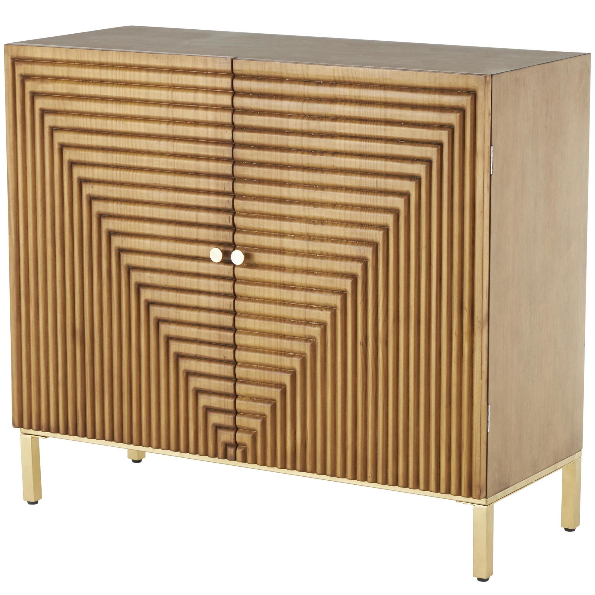 Geometric Brown Wood Carved Square Room Cabinet with Gold Accents