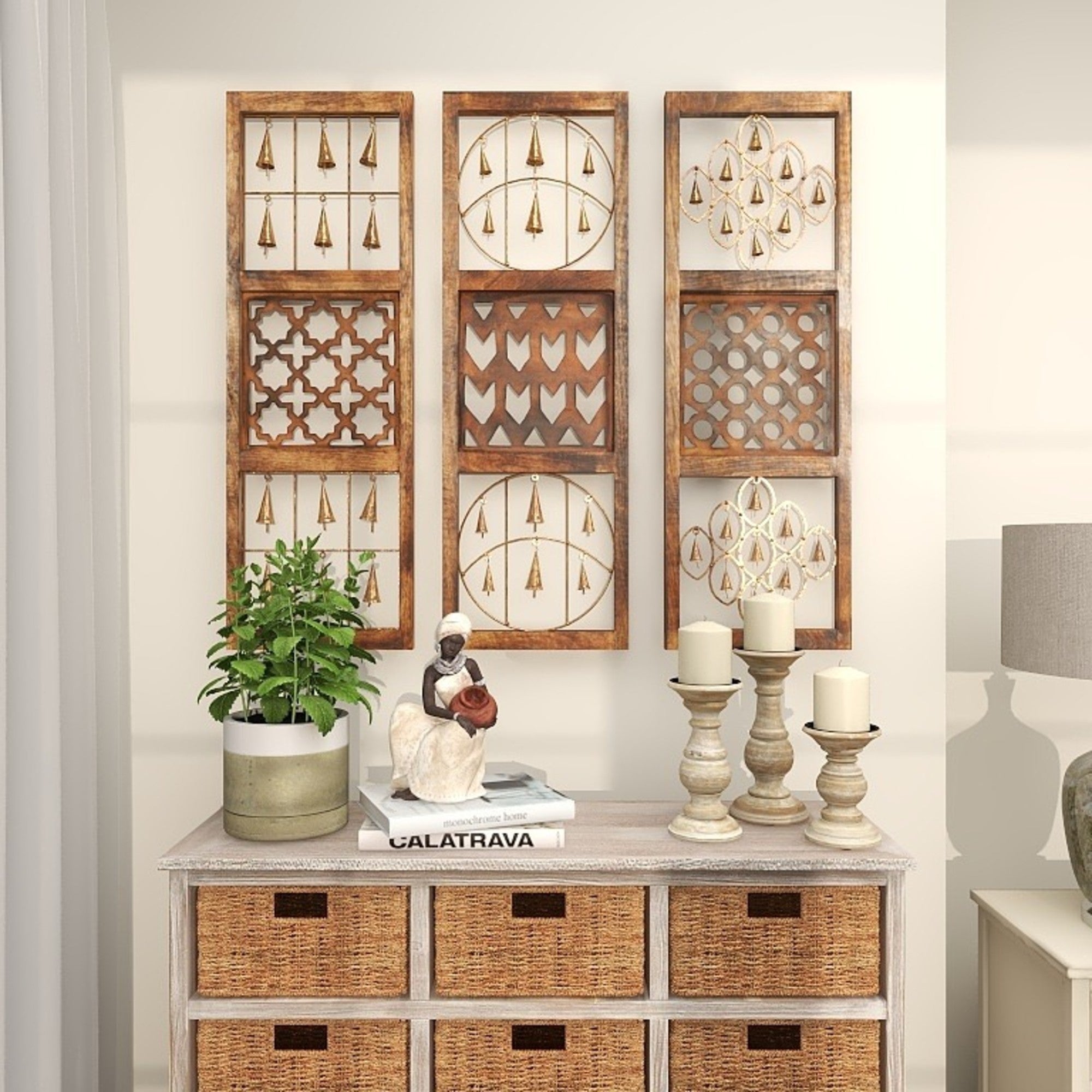 Set of 3 Bell Brown Metal Intricately Carved Home Wall Decor