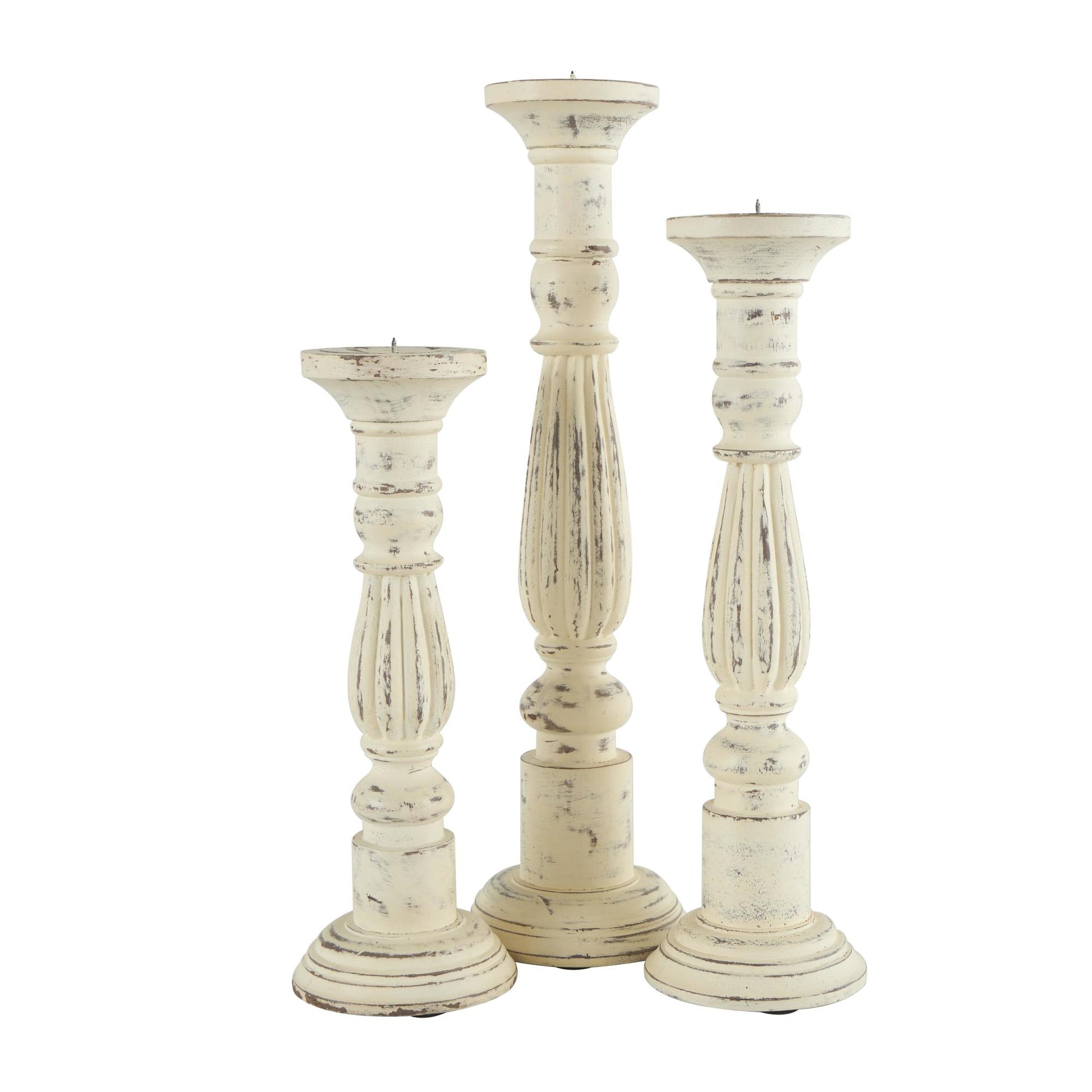 Set of 3 White Mango Wood Tall Distressed Turned Decorative Candle Holder