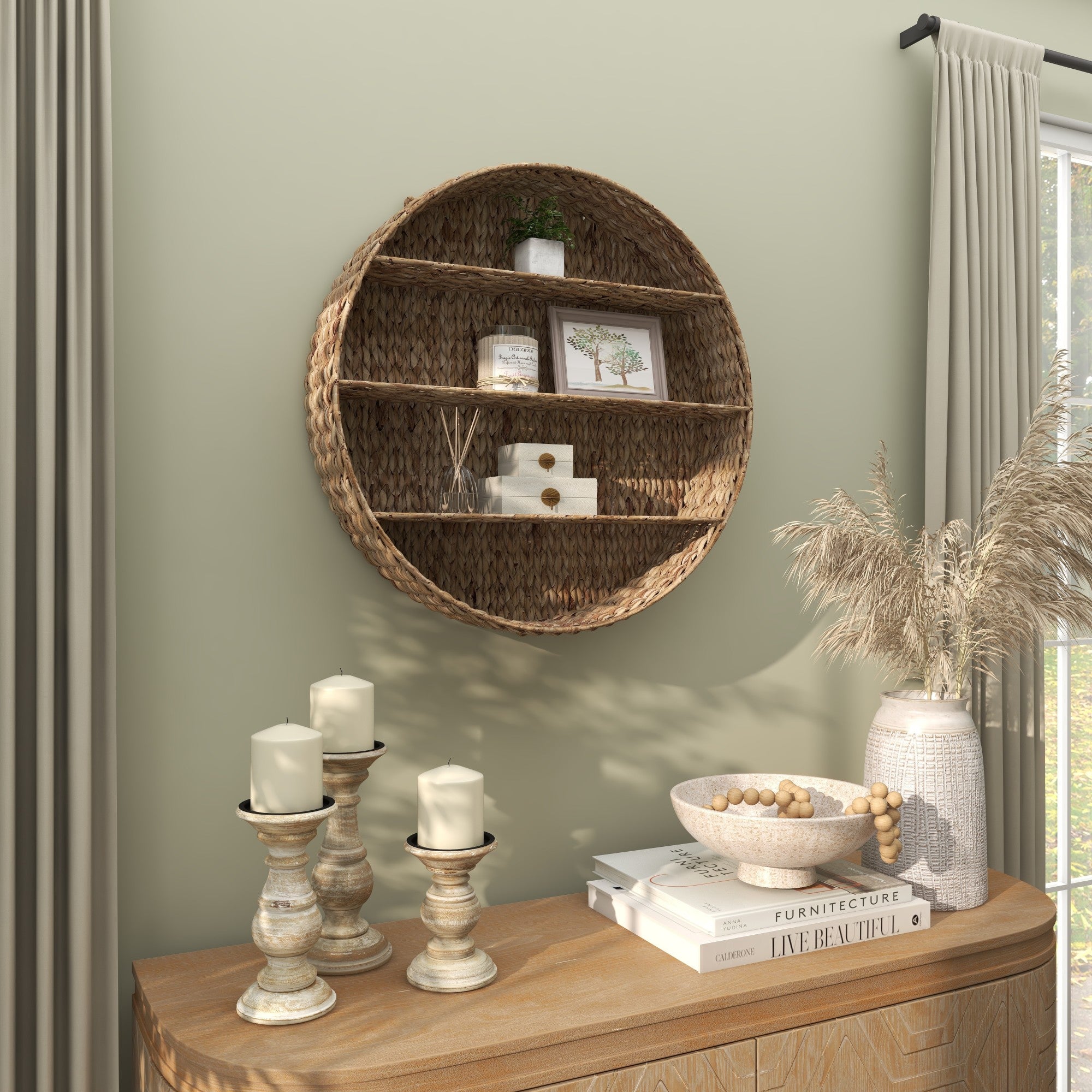 Brown Dried Plant Round 3 Shelves Room Wall Shelf
