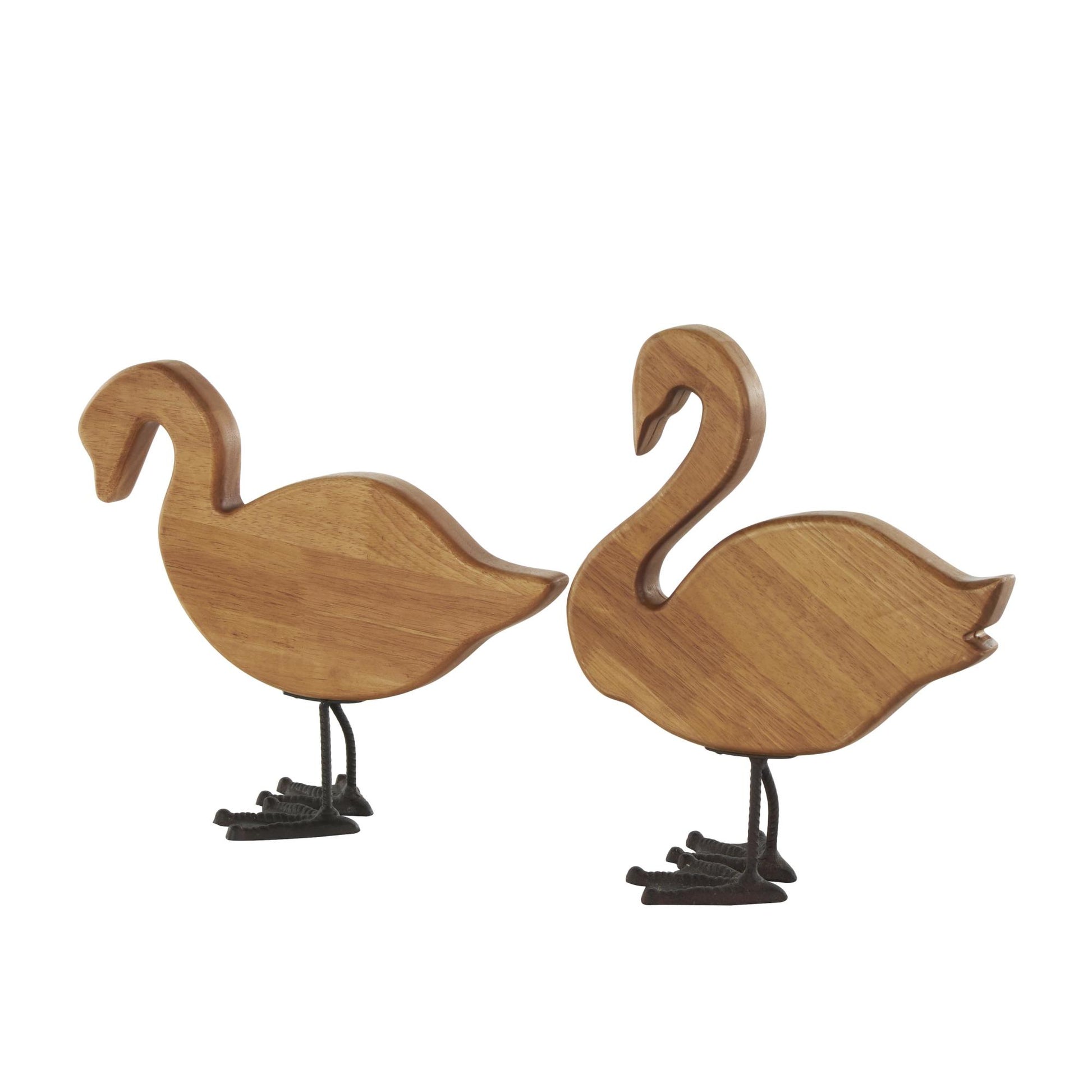 Set of 2 Duck Brown Wood Abstract Decorative Garden Sculpture with Black Metal Feet