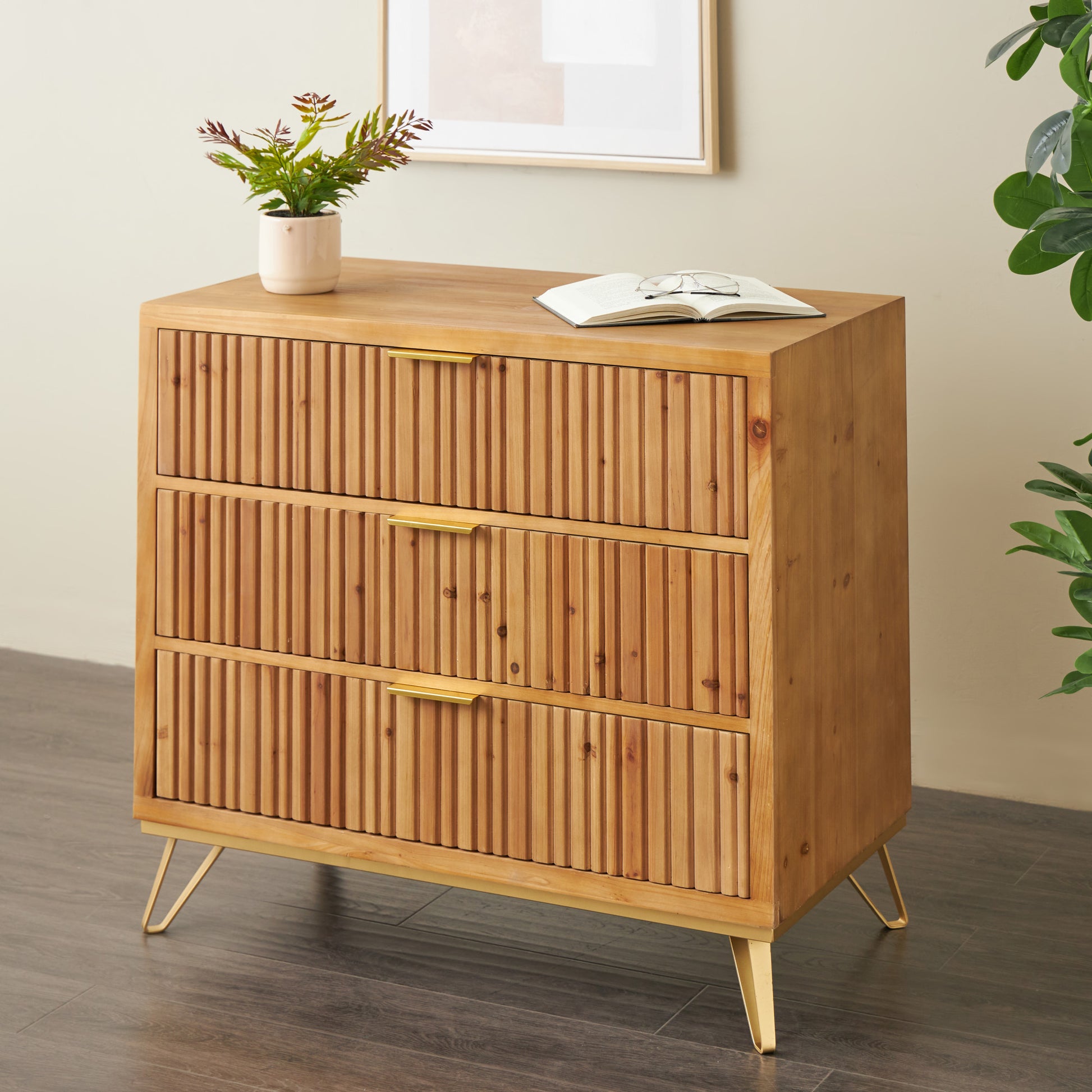 Brown Wooden Ribbed 3 Drawer Room Chest with Gold Handles and Legs