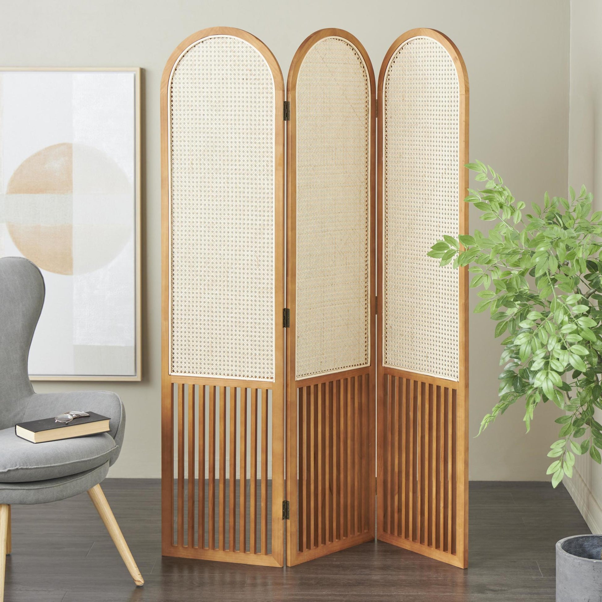 Wood Arched 3 Panel Partition Room Divider Screen with Slatted Wood Base and Tan Rattan Panels