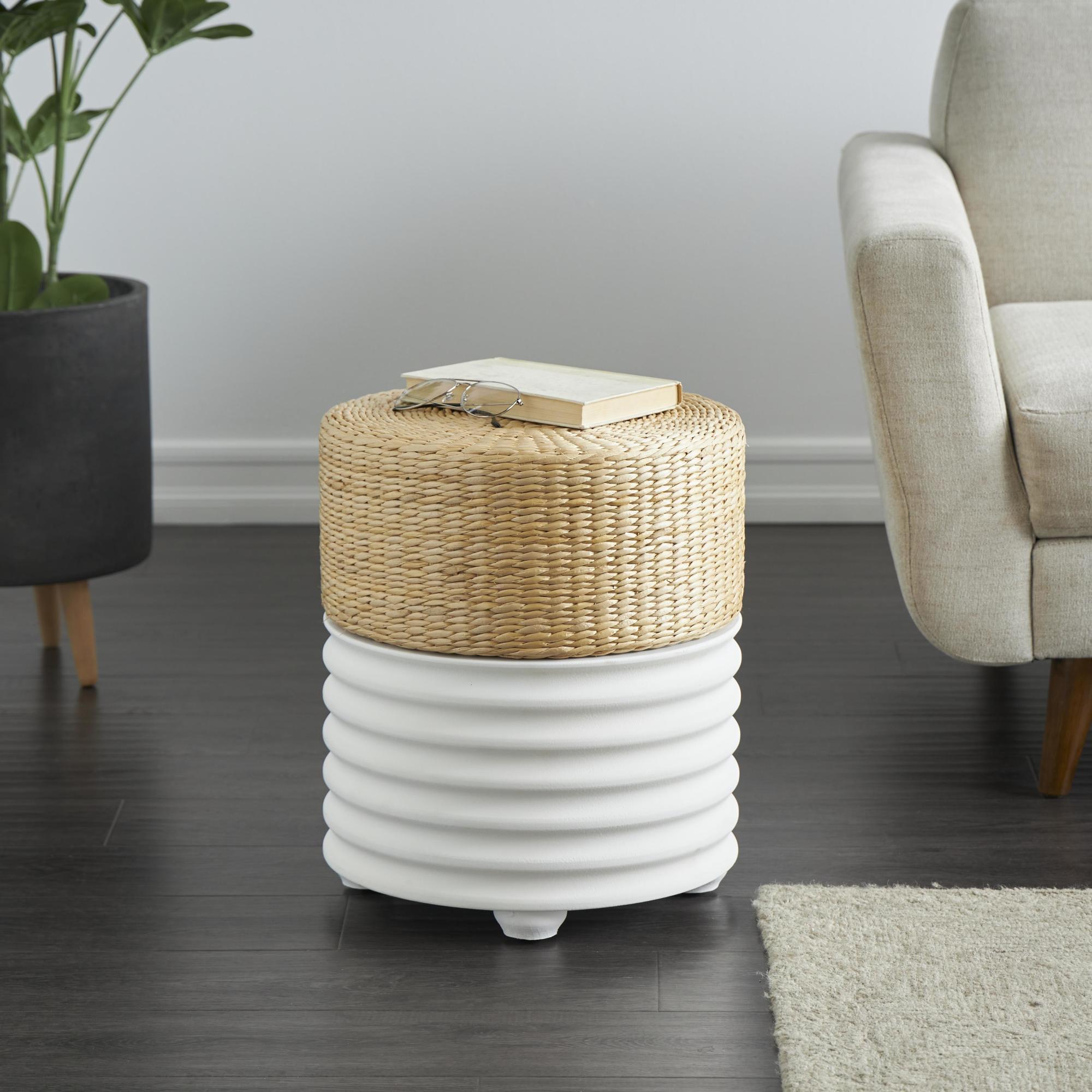 Geometric Wooden Handmade Woven Two-Toned Side End Accent Table with Seagrass Top