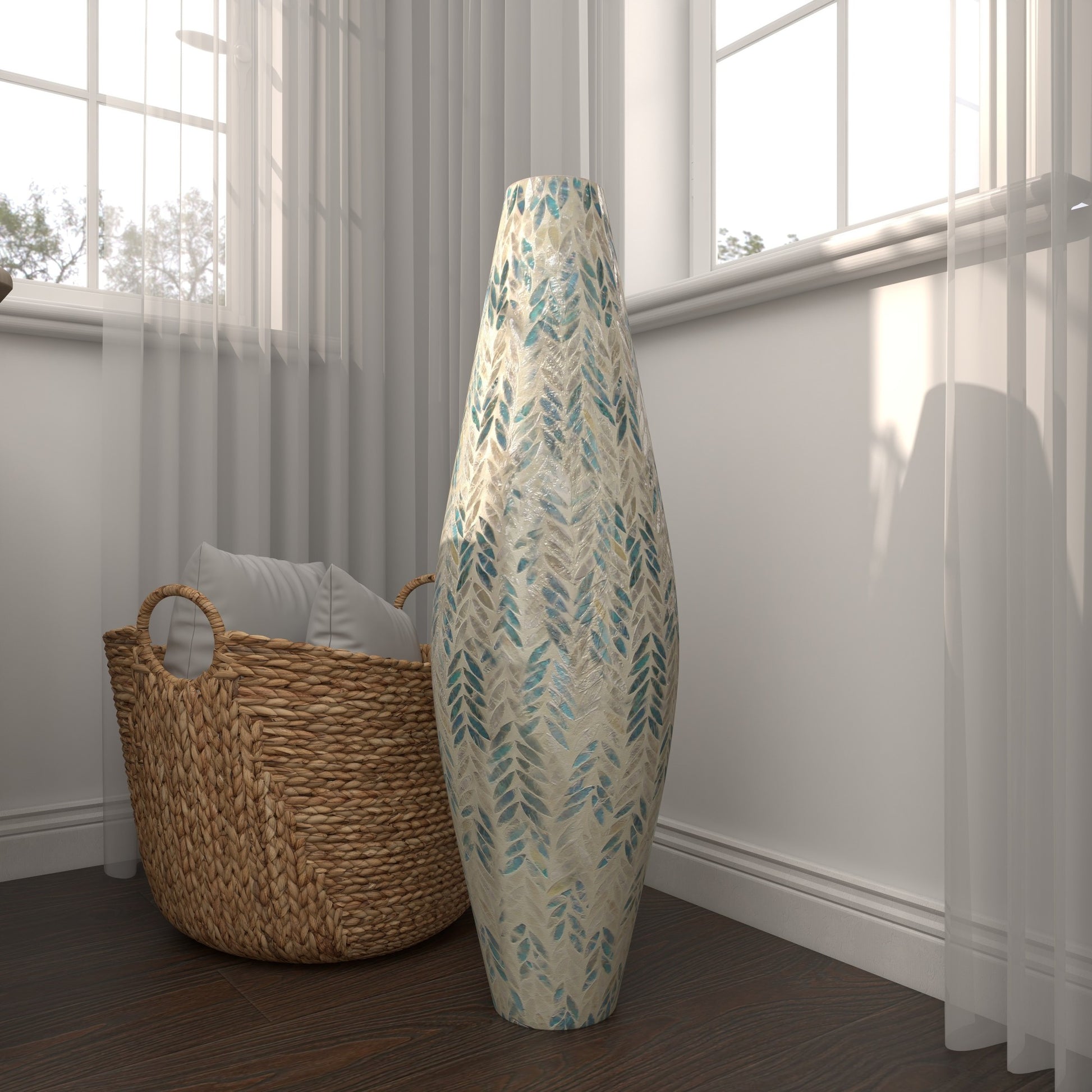 Leaf Cream Mother of Pearl Shell Handmade Tall Mosaic Decorative Vase with Blue Accents