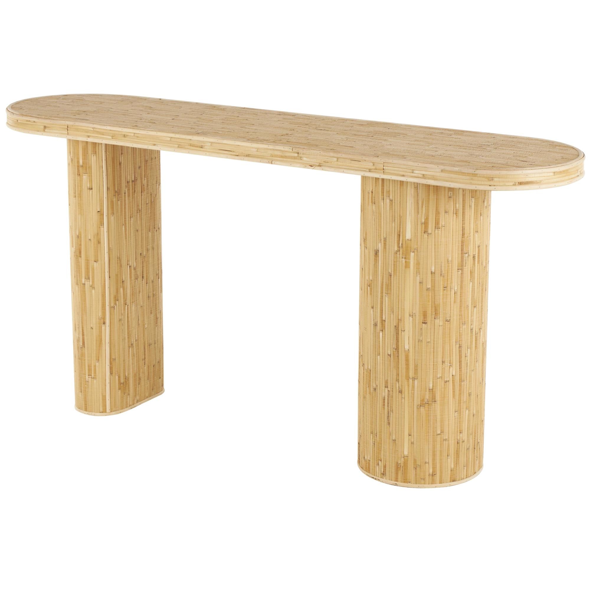 Brown Rattan Handmade Textured Oval Living Room Console Table with Linear Wood Strip Design