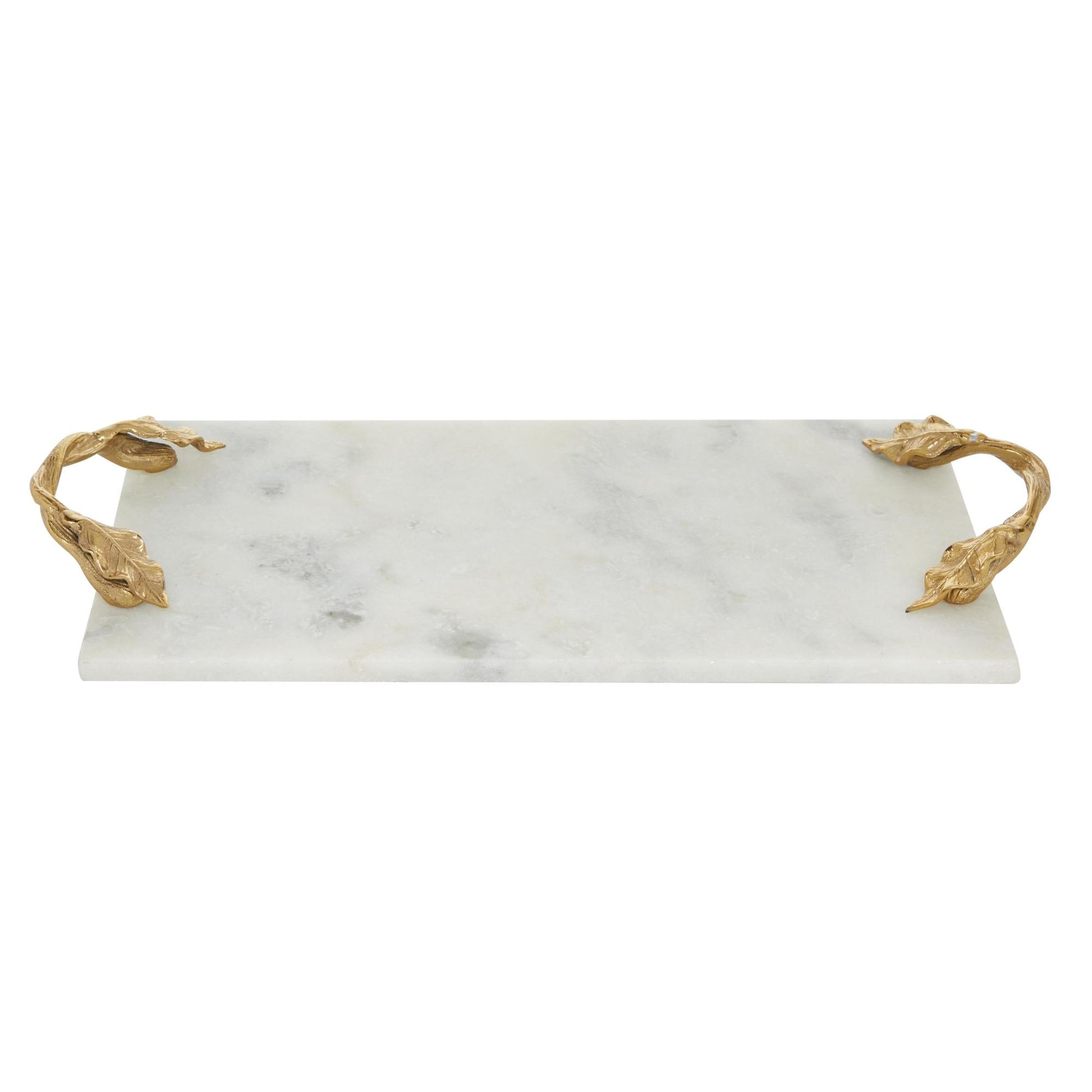 Marble Rectangle Living Room Decor Tray with Gold Twisted Leaf Handles 21" x 10" x 2"