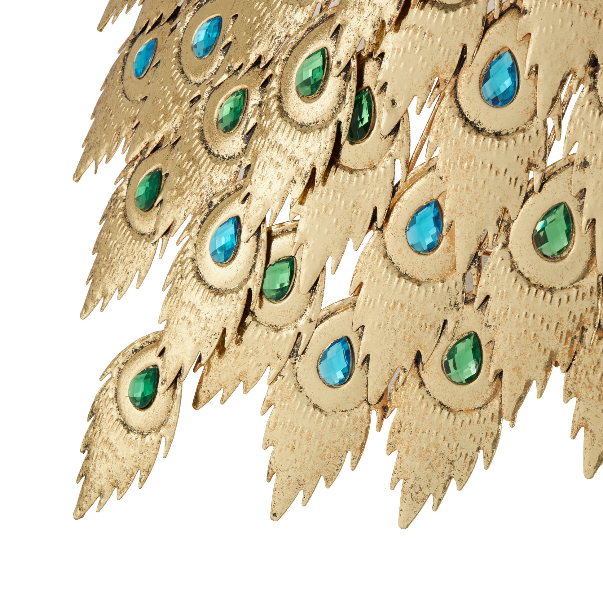 Peacock Brass Metal Decorative Garden Sculpture with Blue and Green Jewels