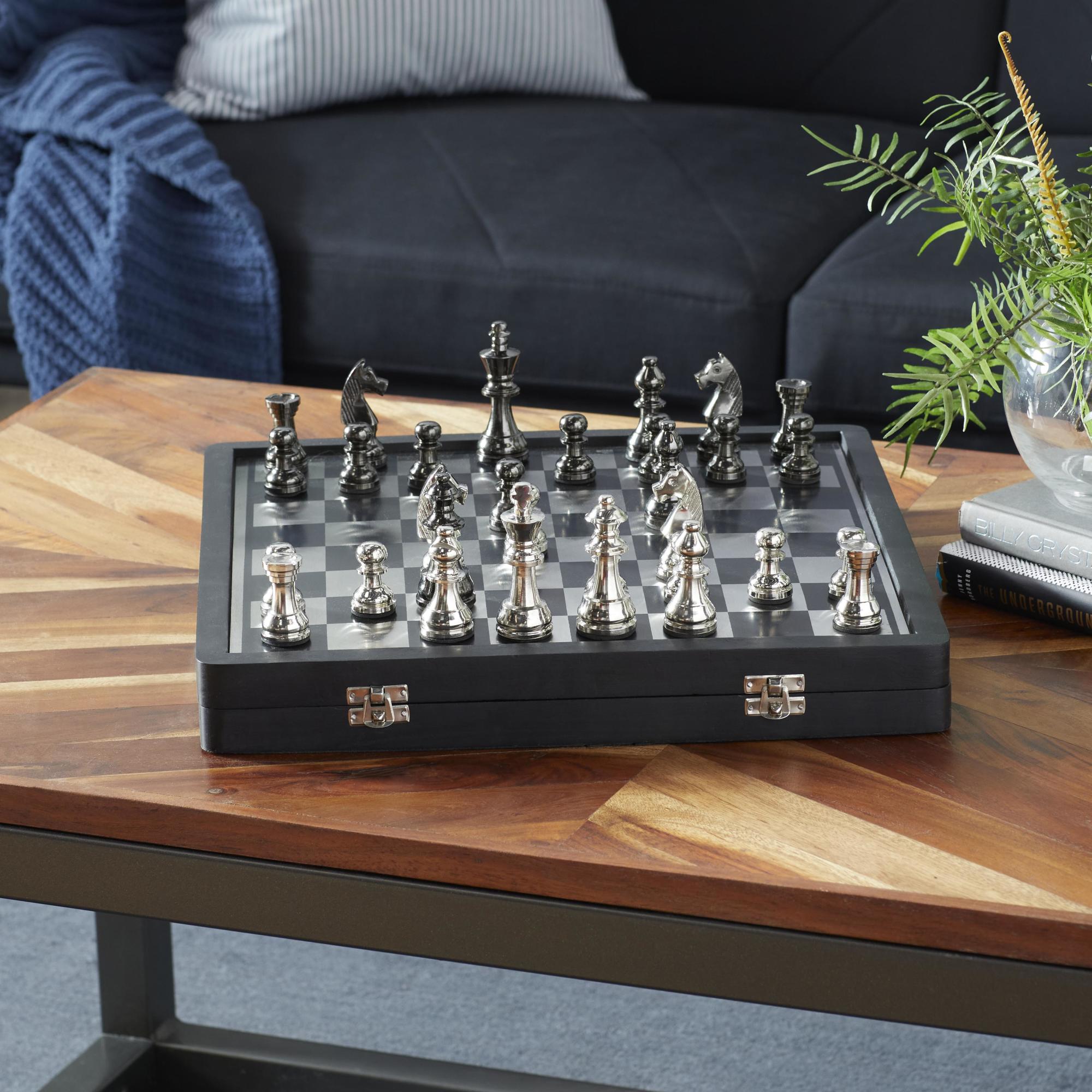 Chess Black Aluminum Metal Home Decor Game Set with Storage Compartment