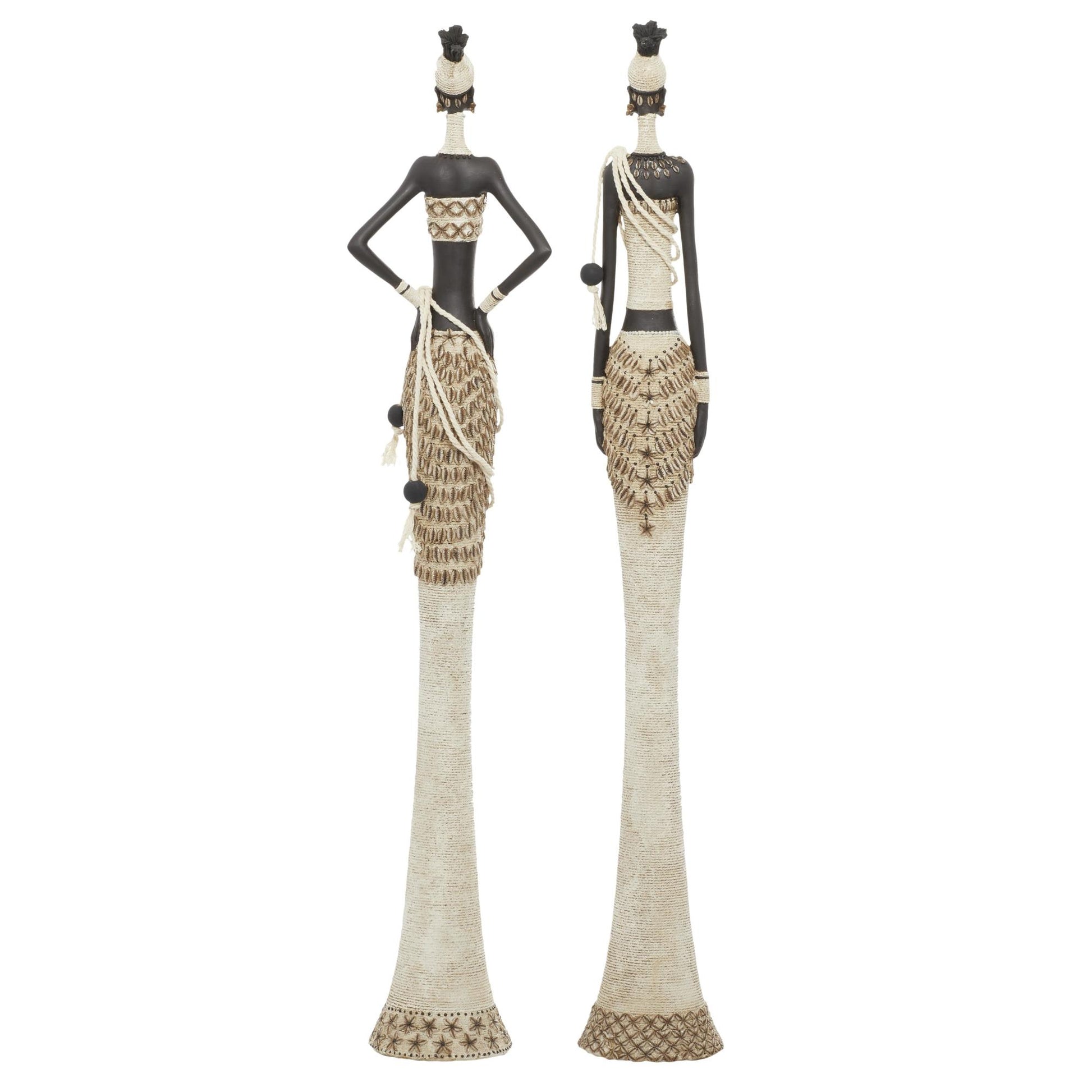 Set of 2 Woman White Polyresin Handmade Standing African Decorative Sculpture with Intricate Details
