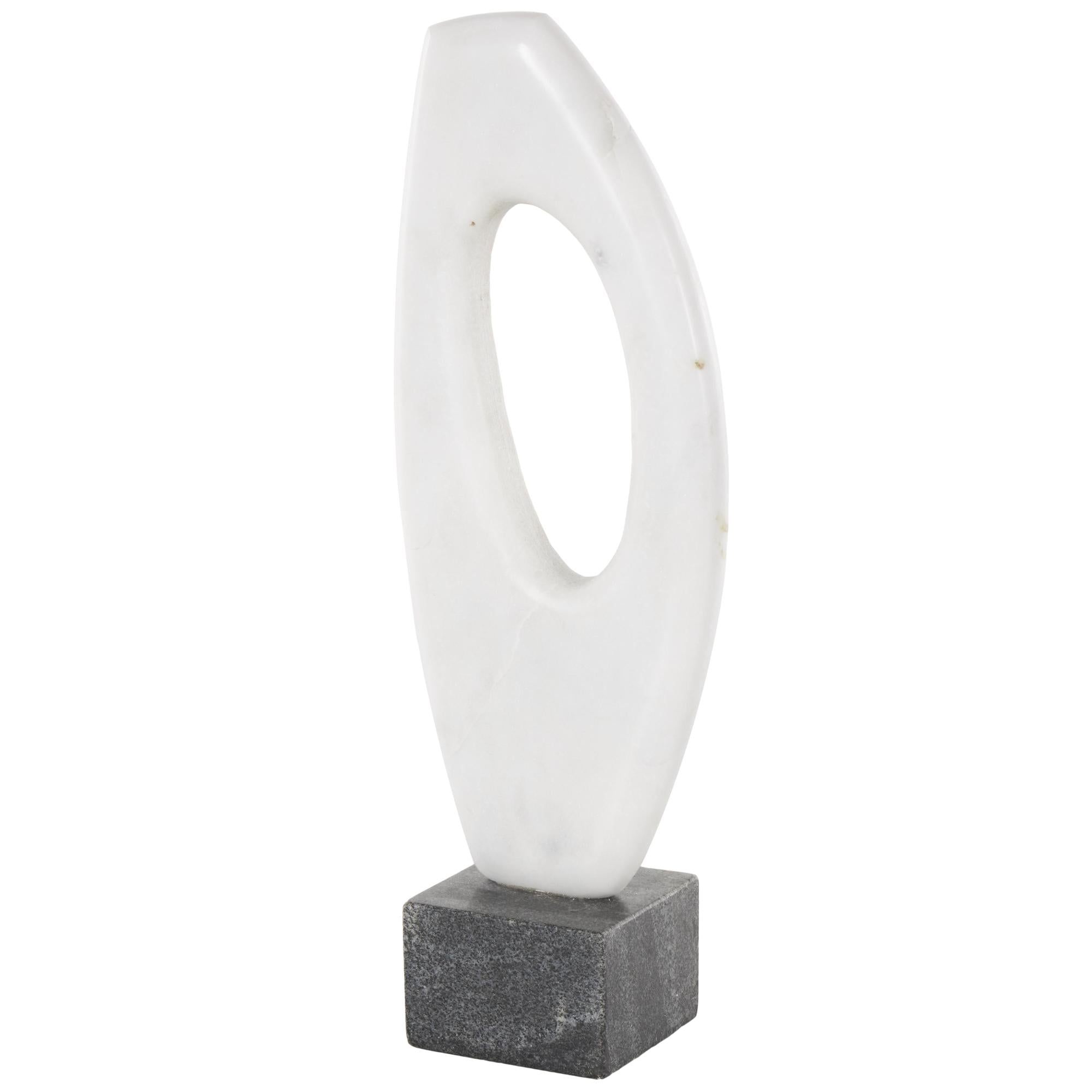 Abstract White Marble Angled Cutout Decorative Sculpture with Black Block Base
