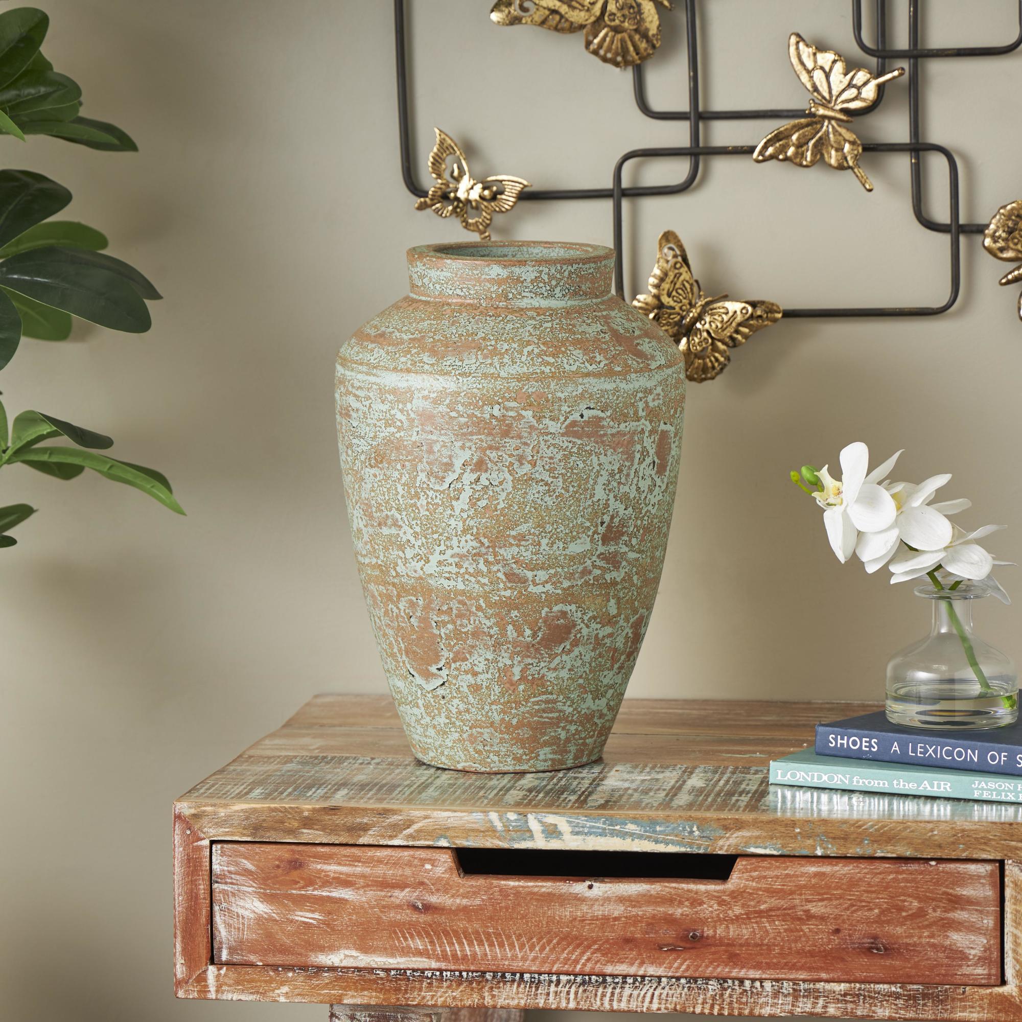 Brown Ceramic Antique Style Textured Patina Decorative Vase