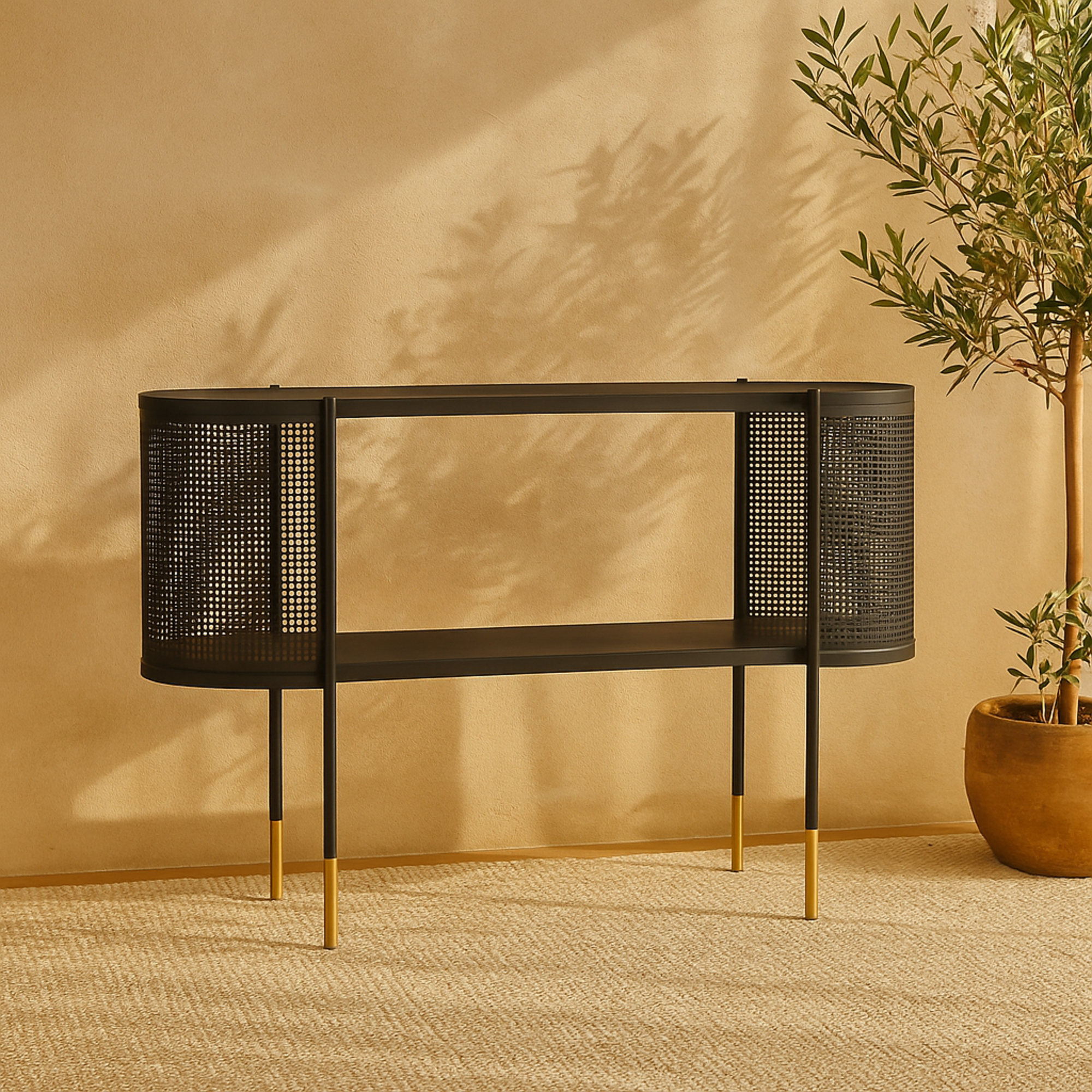 Black Metal Mesh Side Panel Living Room Console Table with Open Center Storage