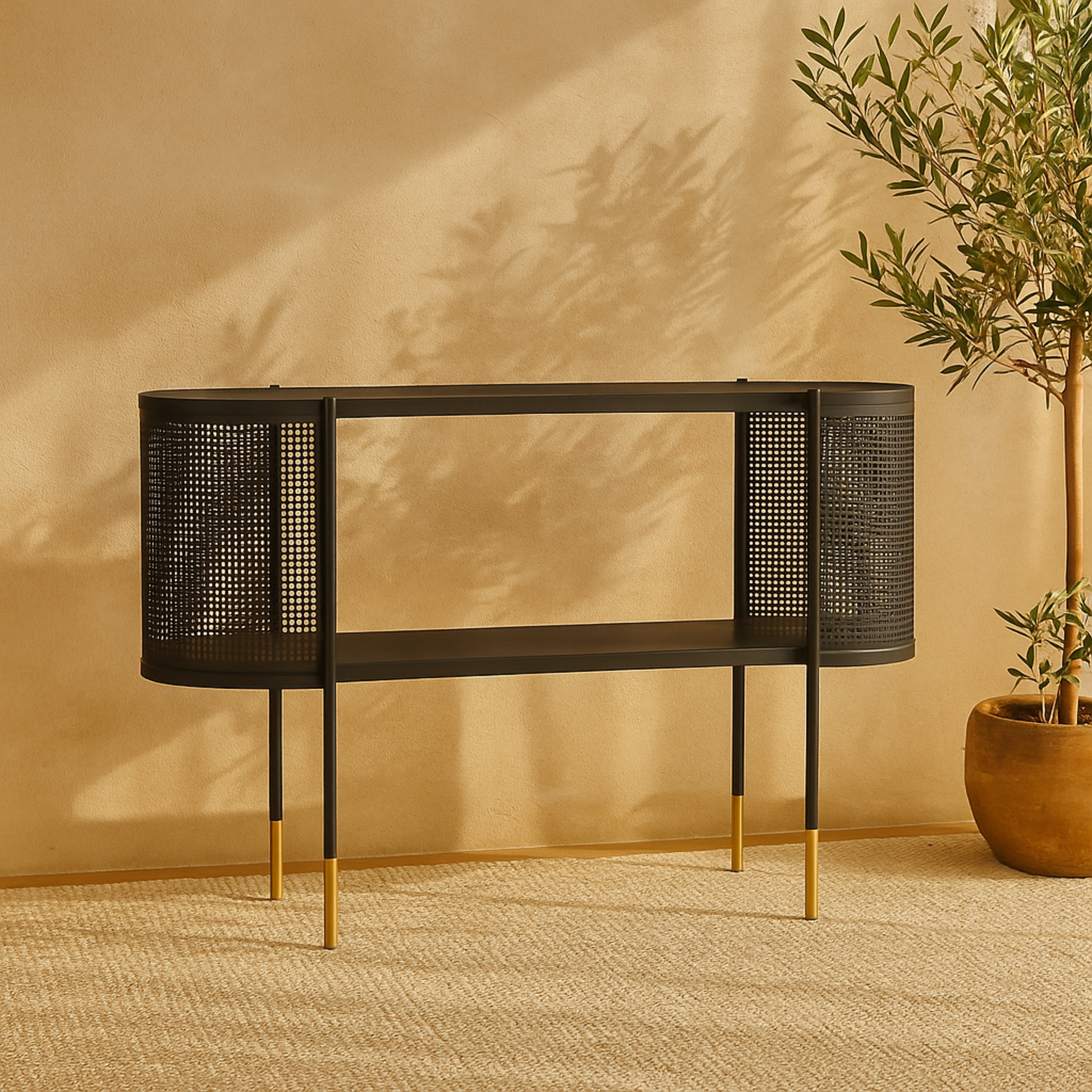 Black Metal Mesh Side Panel Living Room Console Table with Open Center Storage