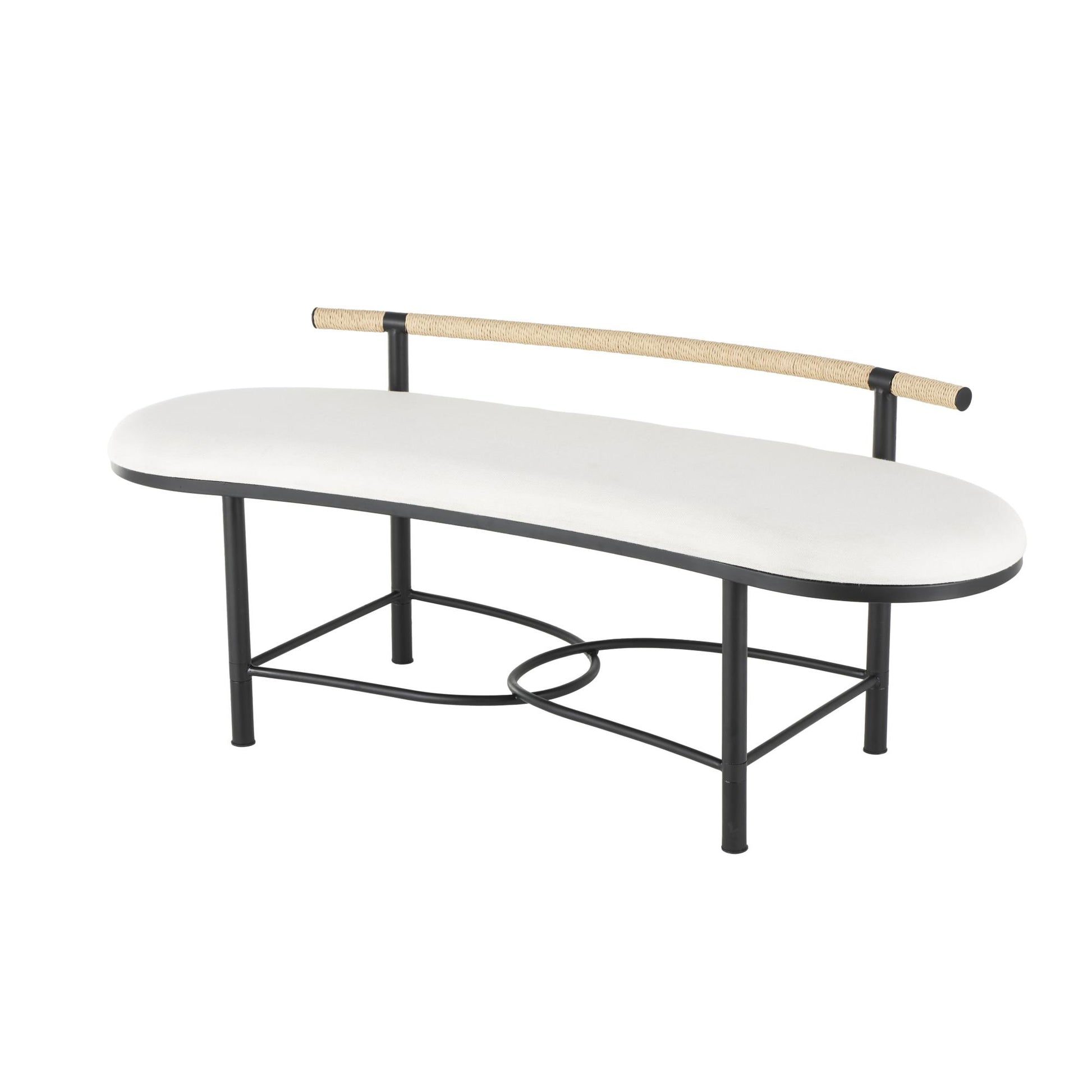 Abstract White Fabric Upholstered Oval Home Bench with Black Metal Frame and Rope Rod Backrest