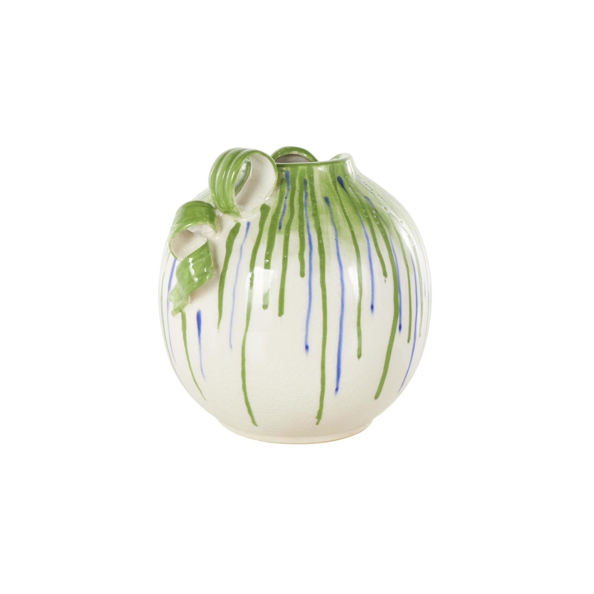 Abstract White Ceramic Decorative Vase with Green and Blue Drip Design and Handles