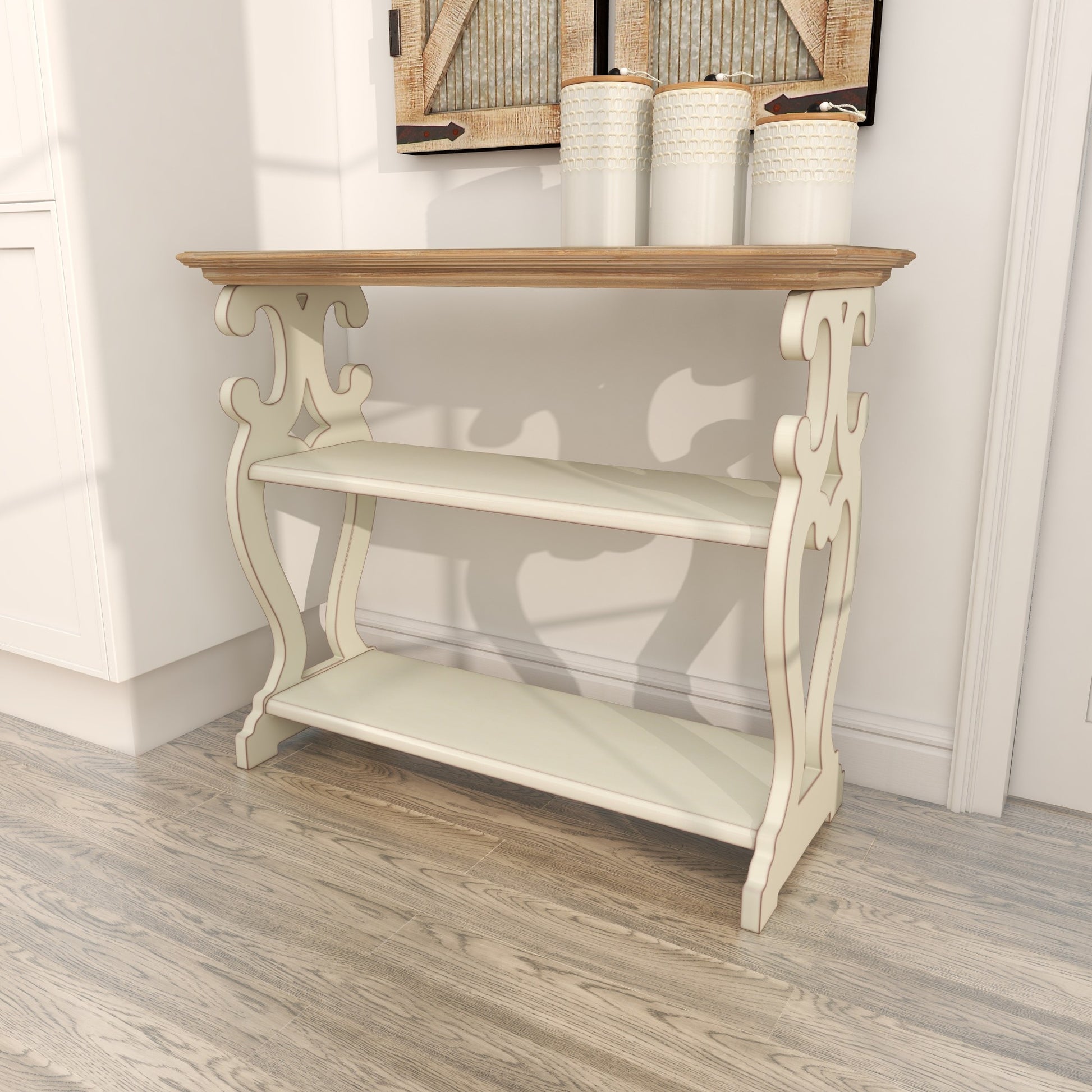 Scroll Wood 2 Shelf Living Room Console Table with Brown Wood Top 38" x 15" x 32"