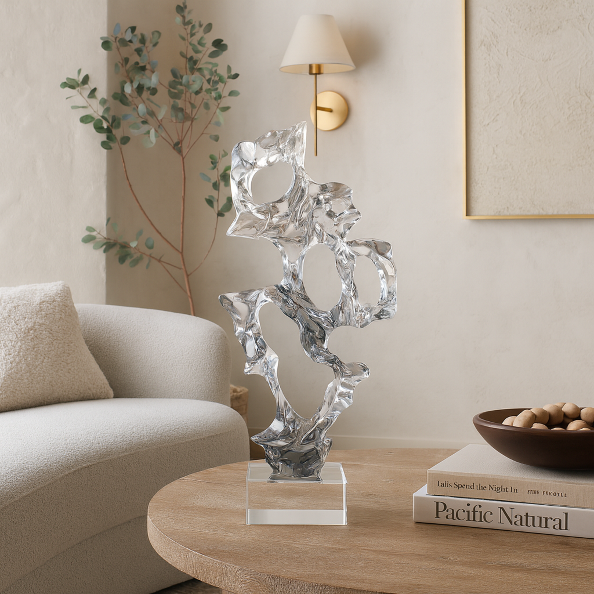 Abstract Clear Glass Handmade Freeform Decorative Sculpture with Clear Square Base
