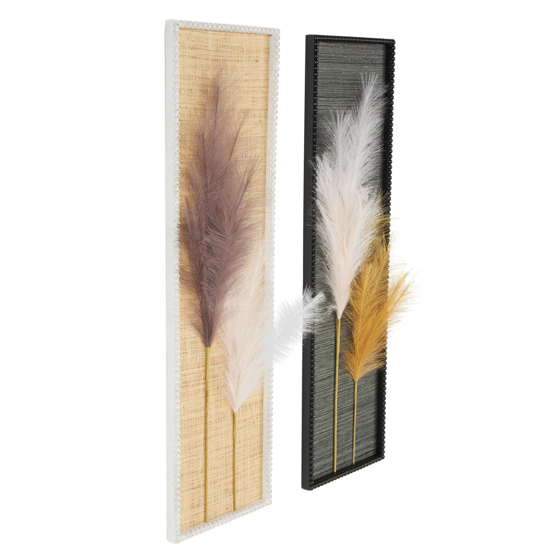 Set of 2 Leaf Brown Wood Handmade 3D Pampas Stem Living Room Framed Wall Art with Textured Backing and Beaded Frame