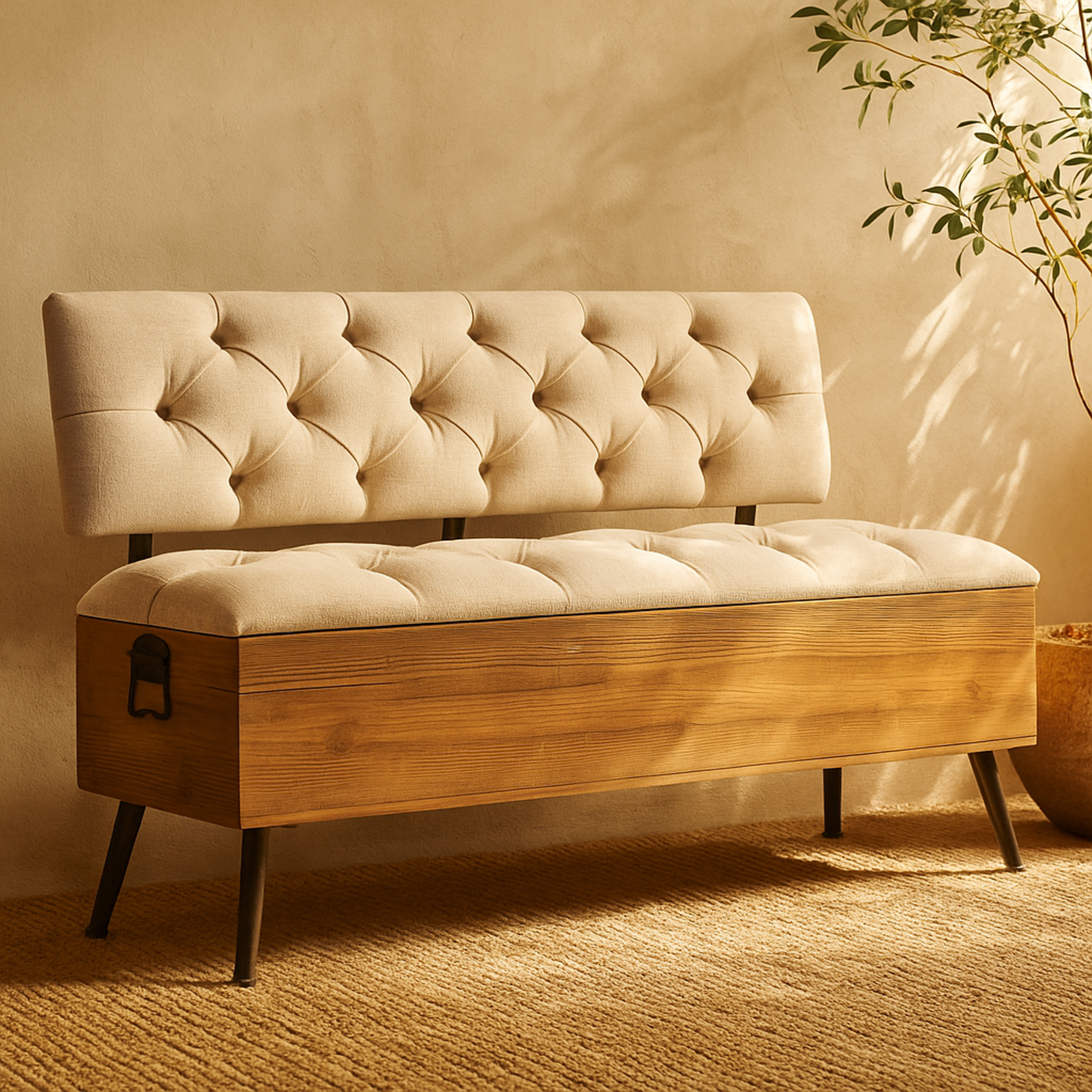 White Fabric Room Storage Bench with Cream Tufted Seat and Back