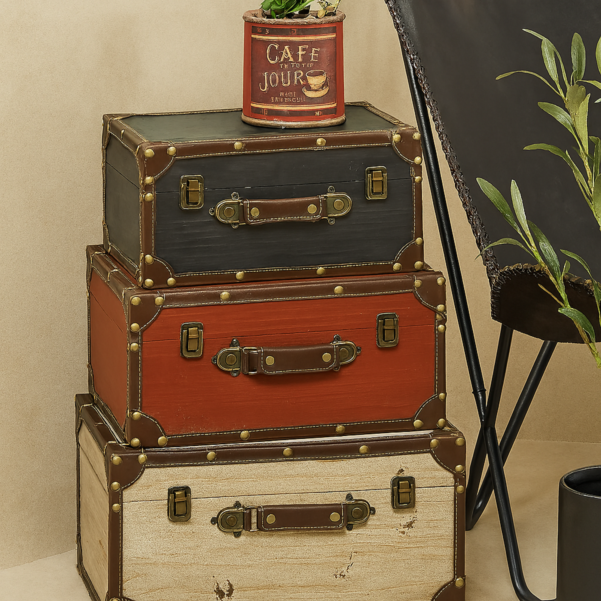 Set of 3 Multi Colored Wooden Nesting Vintage Decorative Trunk with Gold Studs and Brown Leather Accents