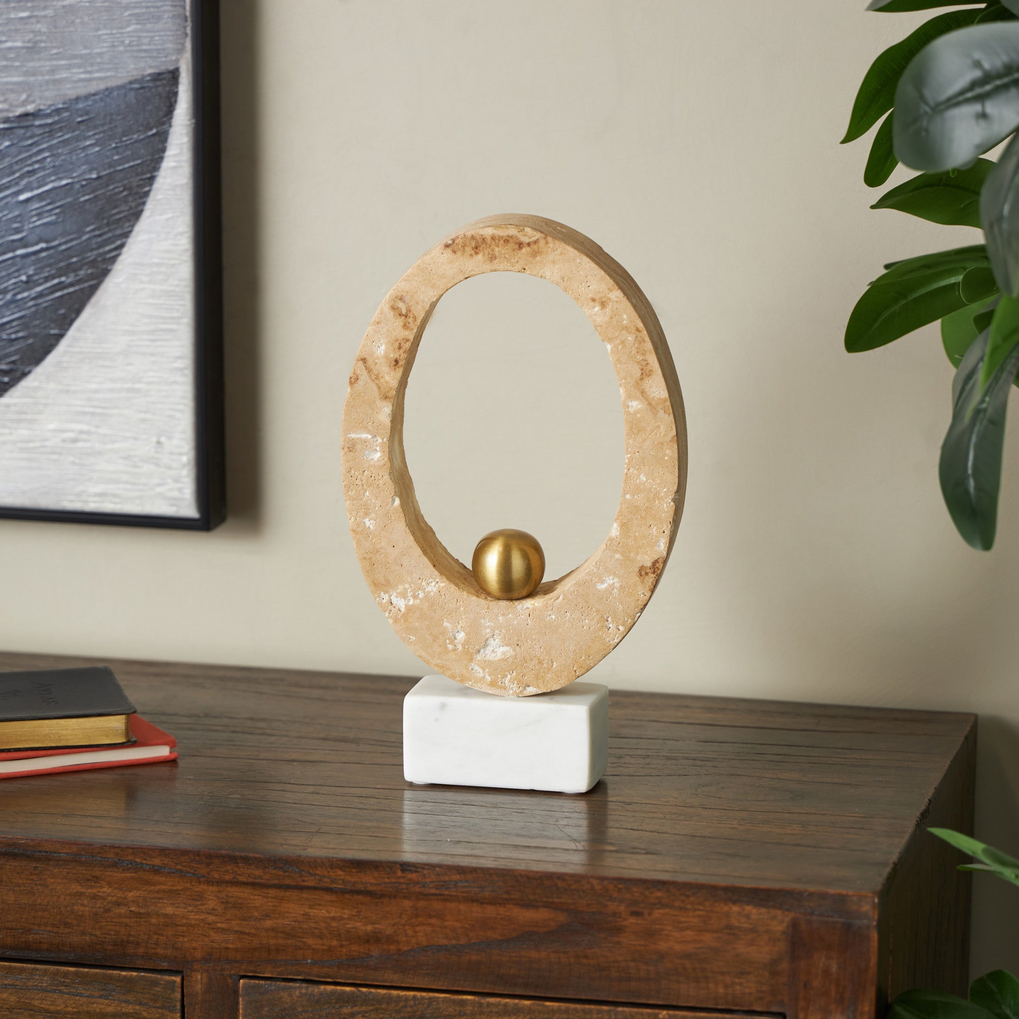 Abstract Cream Marble Oval Decorative Sculpture with Gold Ball and White Base
