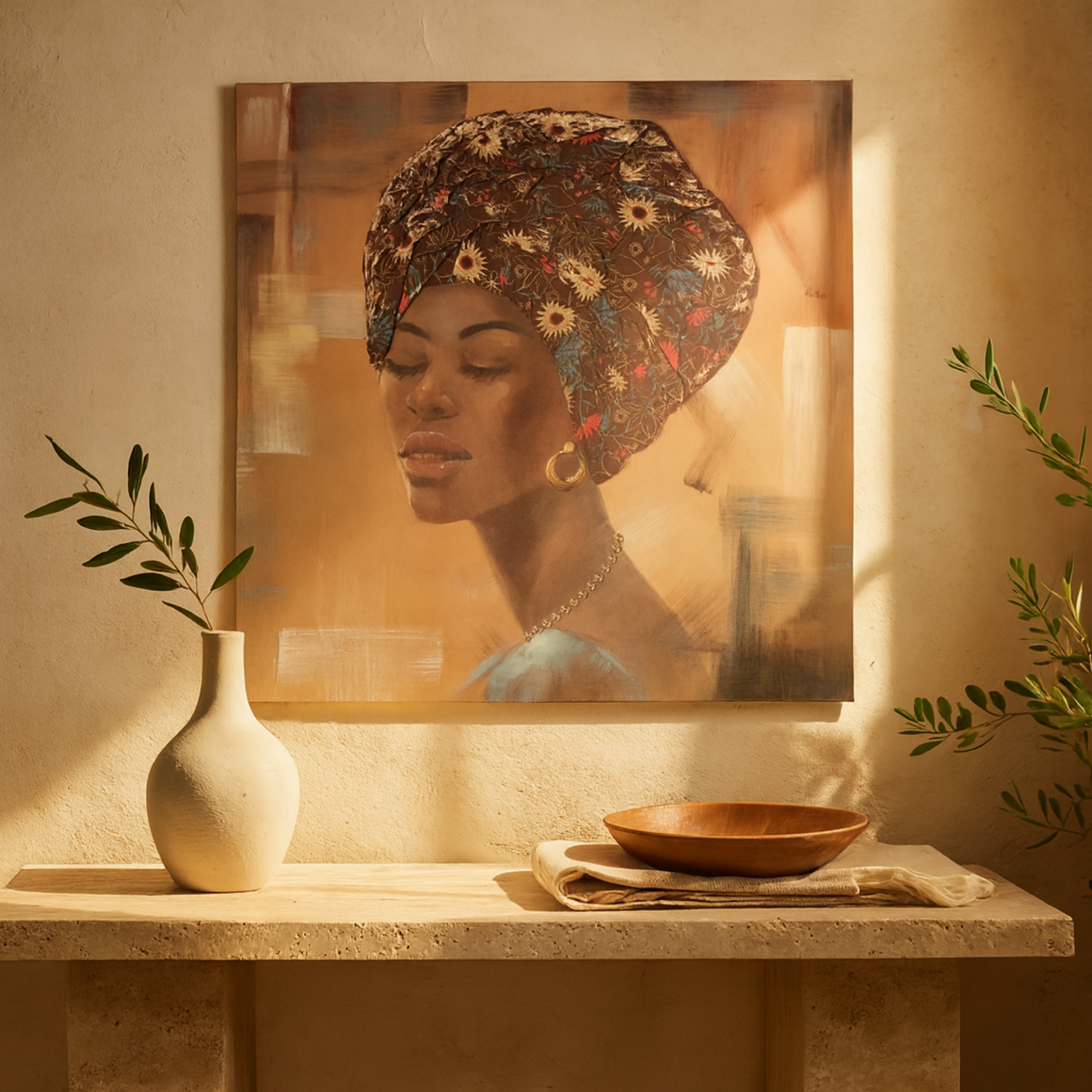 Woman Brown Canvas Decorative Wall Art with 3D Fabric Headwear And Gold Jewels