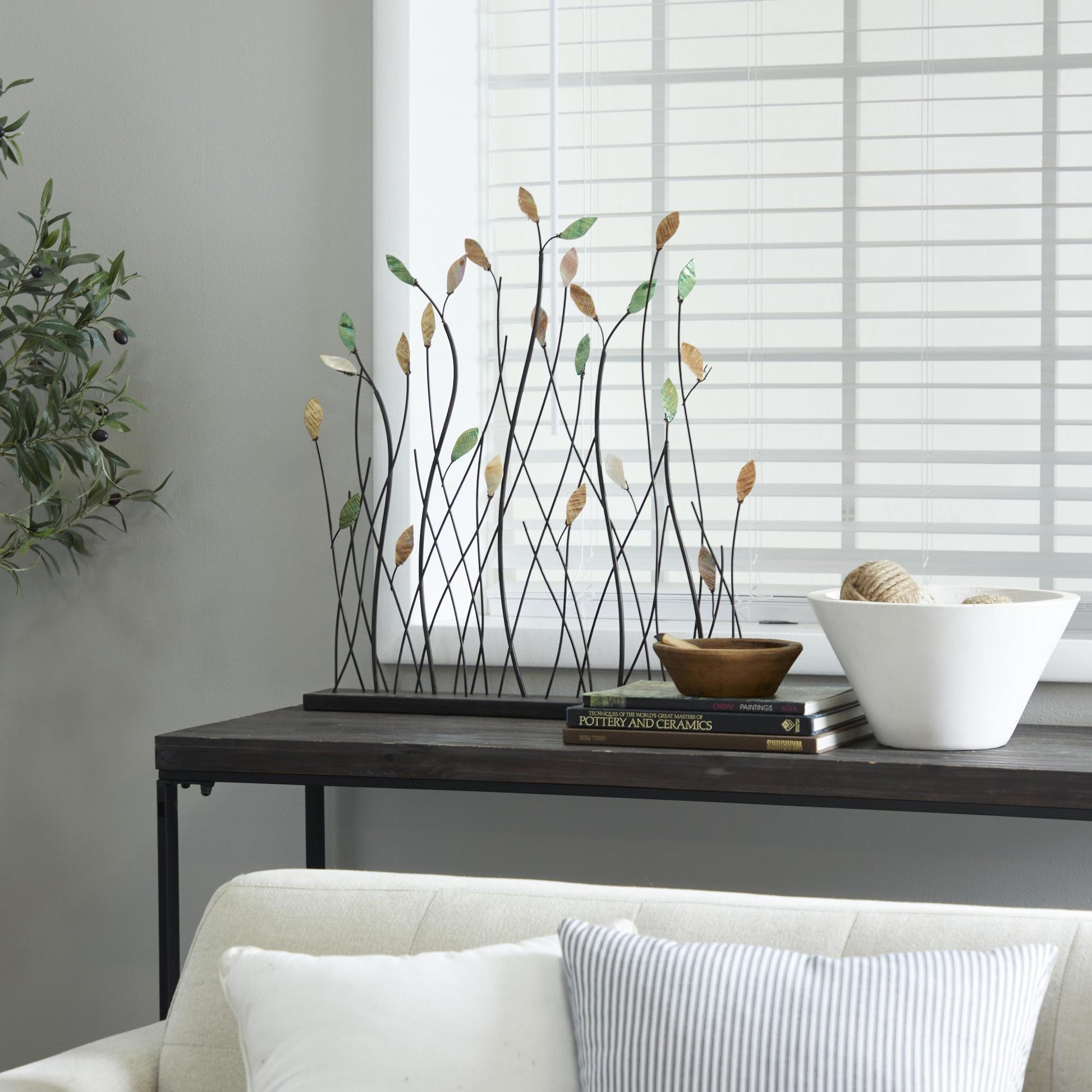 Leaf Black Metal Decorative Sculpture with Black Base